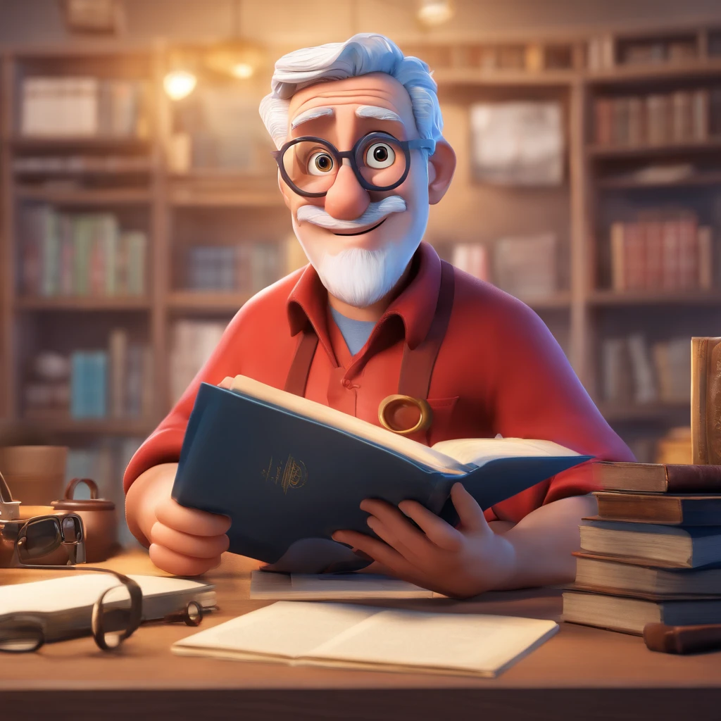Crie um cartaz inspirado na Disney Pixar com o personagem sendo o pastor Rubens Janier, A gray-haired man wearing glasses, in an office with a Bible on the table