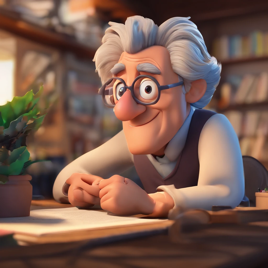 Crie um cartaz inspirado na Disney Pixar com o personagem sendo o pastor Rubens Janier, A gray-haired man wearing glasses, in an office with a Bible on the table