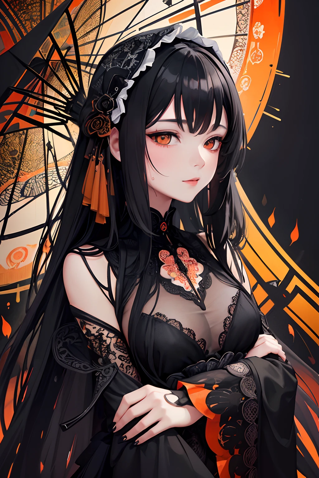 Wet black and orange color inks line art dreamy female portrait with lot of lace filigrees on black canvas illustration described in the perfect fractal style of Vassily Kandinsky, Jackson Pollock, Alphonse Mucha and Jeremy Mann, HQ, 4K Modifiers: 4K 3D, D850