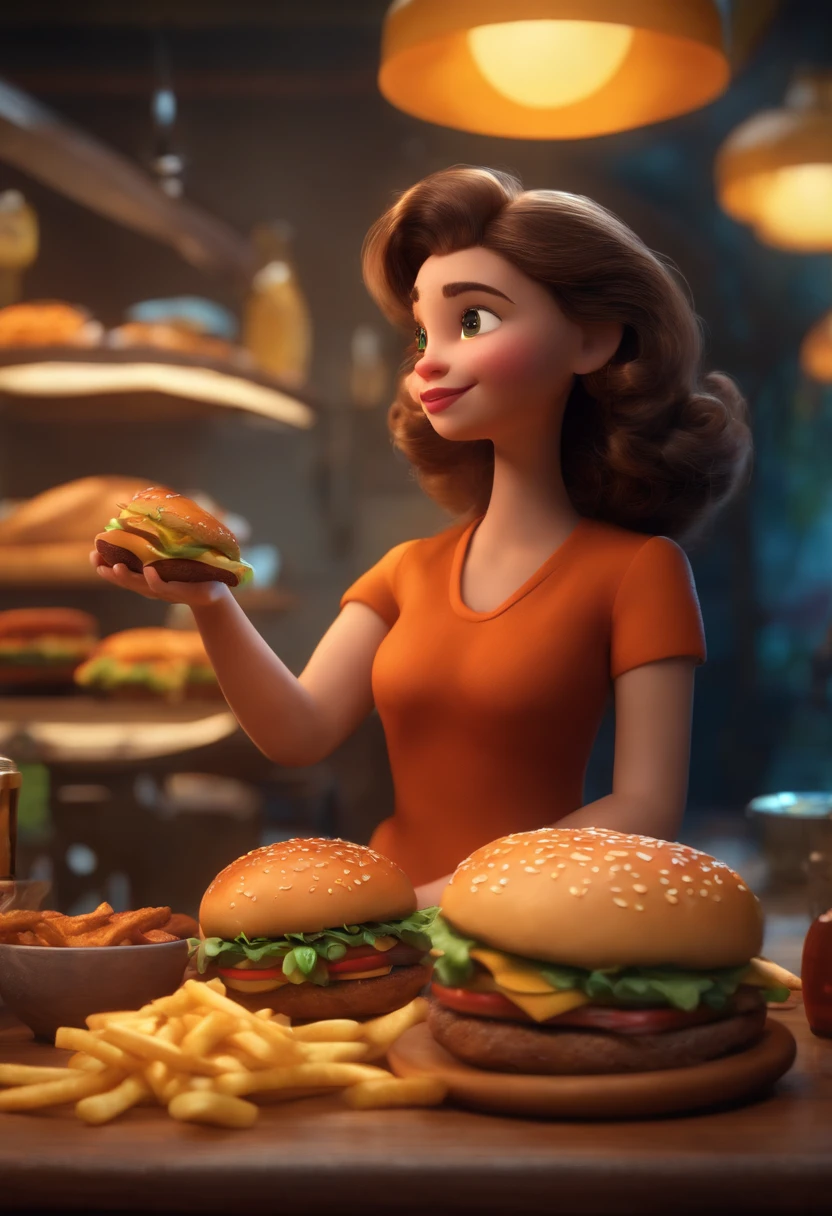 Make a Girl, She's hungry, como Disney Cartoon, She's eating hamburger, Pixar, um homem atras, homem olhando para ela ....3d, Disney