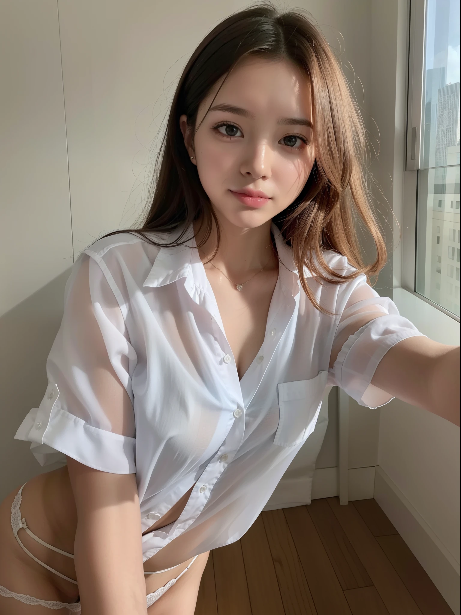 ((of the highest quality, 8K, masutepiece: 1.3, Raw photo)), Sharp Focus: 1.2, (1 AESPA Girl :1.1), Solo, (Realistic, Photorealistic: 1.37), (Face Focus: 1.1), Cute face, hyperdetailed face, short messy hair, Small Smile, small breasts, flat chest, thigh, nude, button down shirt, chiffon panties, office room, flower, rose