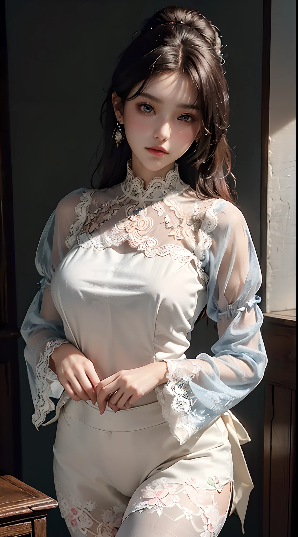 (wearing Shirt blouse women's tops elegant sheer floral lace chiffon blouse high neck long sleeve voluminous sleeves plus size:1.3), (bared legs:1.3), (showing a delicate slim figure and graceful curves, beautiful long thin legs:1.3), head and full body, Extremely cute human eighteen girl, very beautiful and feminine, short, petite, beautiful breast, small, busty buttocks, large bust, large breast, cleavage display, flat belly display, detailed eyes, detailed nose, super detailed on face, partial accessory with earring on the ear, very stylish, award-winning product design, tights, Shiny breast top opens at the cleavage and abdomen, stylish, glowing trims, atmospheric perspective, 8k, super detail, Accurate, best quality,