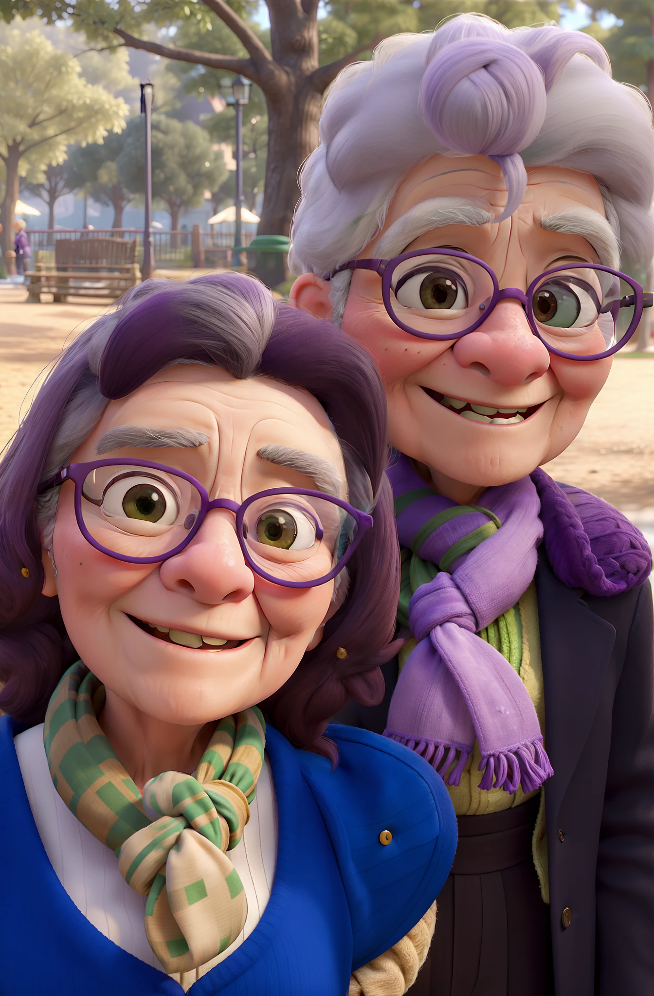 masterpiece, best quality, an old woman with glasses and a scarf on, wearing a purple coat and green scarf, standing at the park