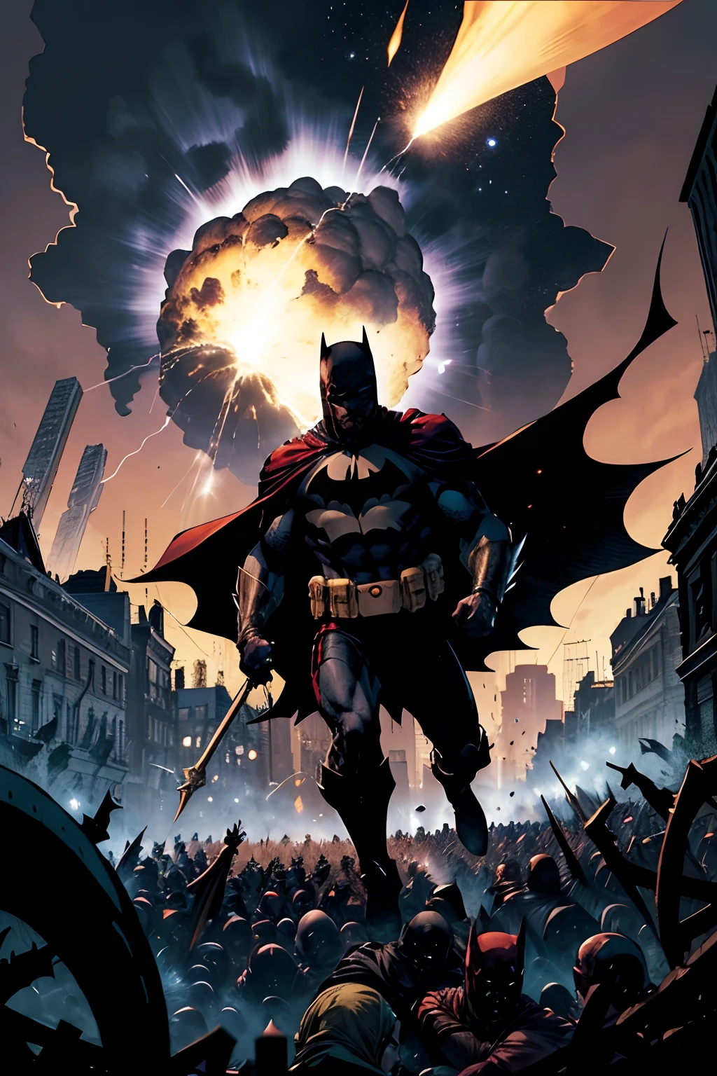 Nas ruas sombrias de Githam, Batman, ao lado de Jesus Cristo e do Papa Francisco, ferido e exausto xom sangue em seu corpo. Face off against a horde of bloodthirsty criminals. In the midst of all this, include many explosions, sangue nas ruas e paredes, a meteor falling from the open sky to the ground in Gotham.