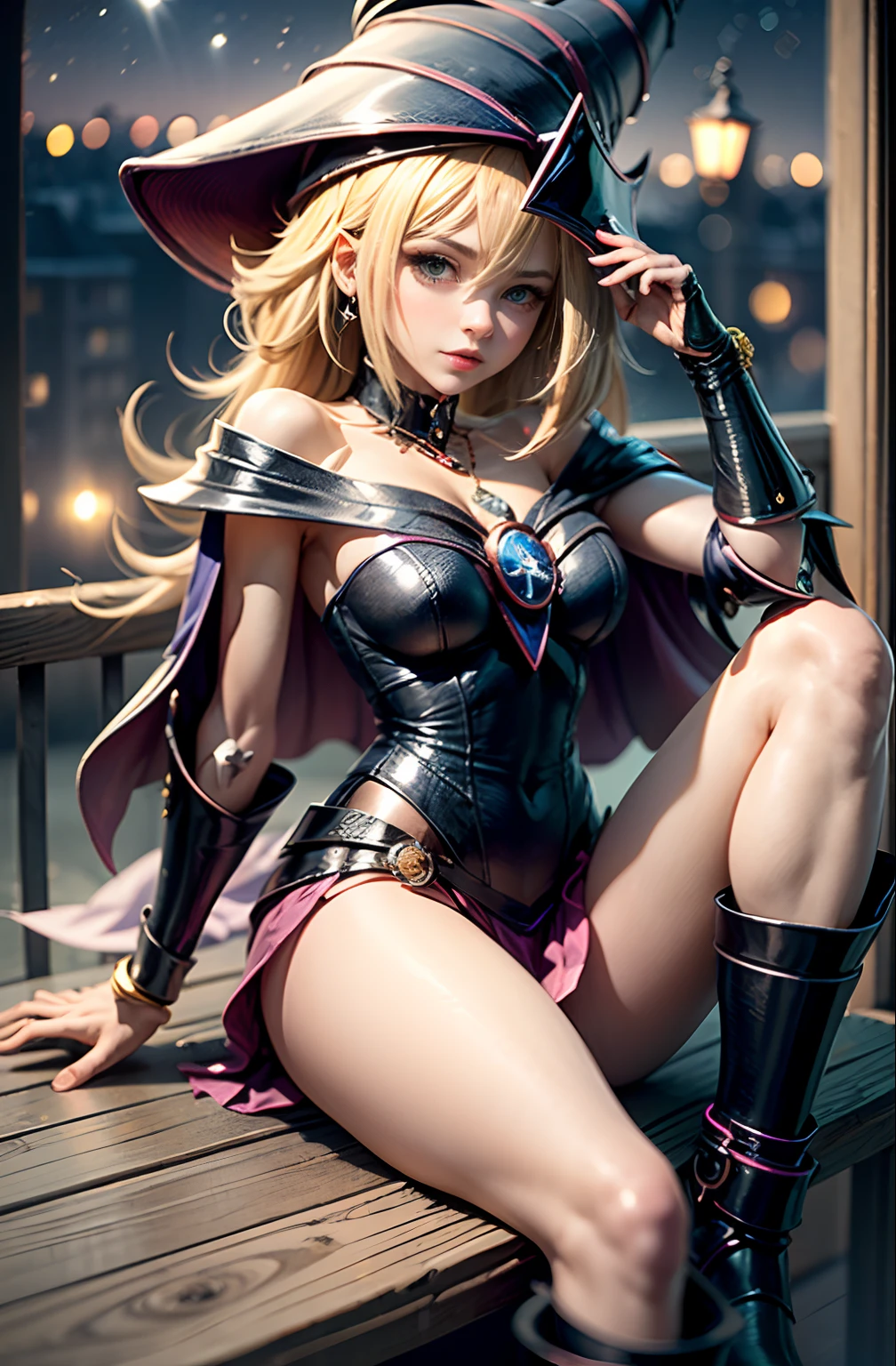 Una masterpice、La mejor calidad、(1 girl in)、(dark magician gils:1.3)、En el cielo nocturno、luces、por la noche、ojos verdes、Fondo magia、Mini falda plisada azul oscuro:1.3, maga oscura :1.2、Blanco,tejido fino:1.2,Cuello azul oscuro:1.1,Large bust:1.2,cabello rubio:1.2,sonrisa ligera, red ribbon、Adornos para el cabello、red bow、Broche、heart brooch:1.2、arete、creciente、heart necklace、Heart Mark、Pelo extra muy largo、Pendientes de media luna、collar amarillo、Botas largas de media luna、Botas rojas hasta la rodilla:1.1、piernas largas, falda grieta:1.5