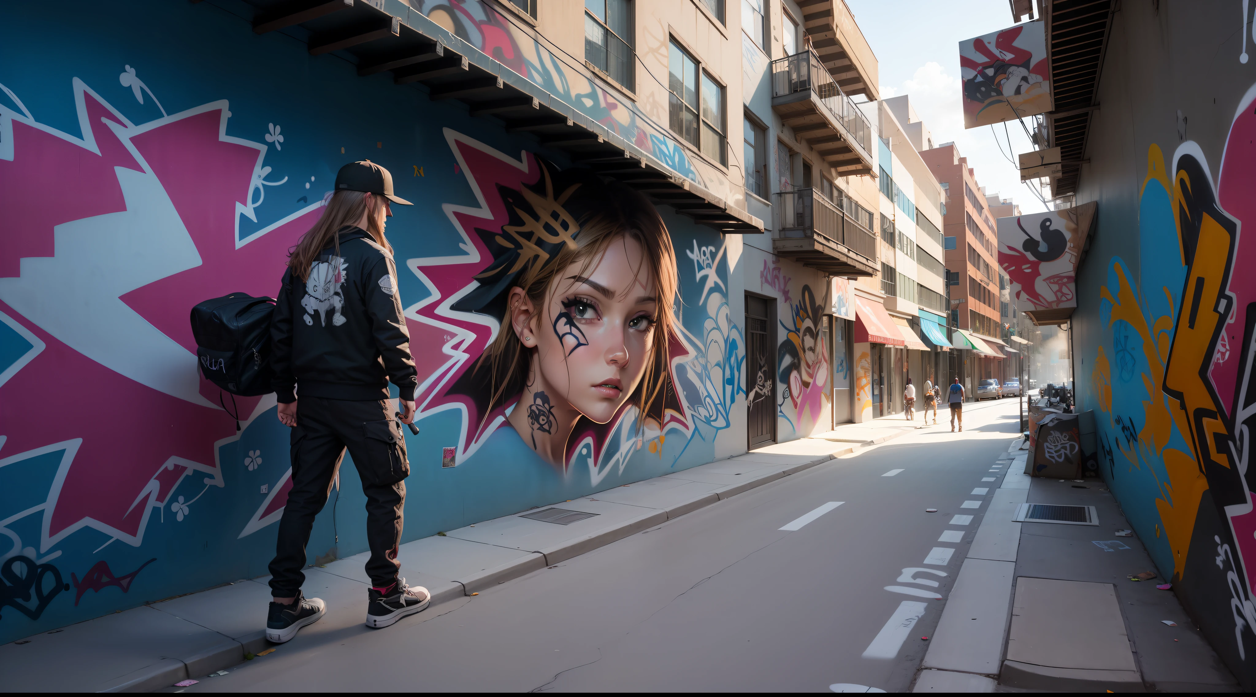 Estilo Anime, obra prima, --1 boy --long hair --cap turned --baggy skateboarder-style clothes --tribal tattoos --steampunk --spray can in hand --enjoying wall, (((( Street Art Graffiti)))) --parede desgastada --grafite semi terminado, --grafite na parede --desenho estilo Tarsila do Amaral, --rua movimenta --noite --movimentada --hora do rush --carros --pessoas --semaforo --faixa de pedestres, detalhes intrincados, in action, perfect features, Dramatic, Cinematic lighting, Highlight lighting, SSAA, smooth rendering, no noise --testp --ar 2:3 --video --no lazy prompts