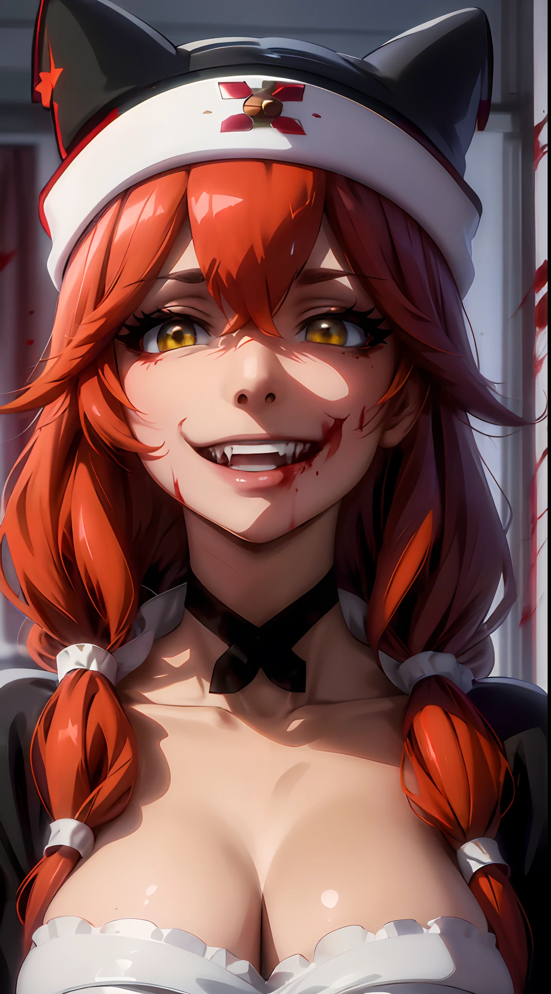 masterpiece, best quality, high quality, highres, absurdres, BETA, 1girl, solo, smile, animal hat, collarbone, portrait, black choker, upper body, ((evil, bloody, blood, sadistic))