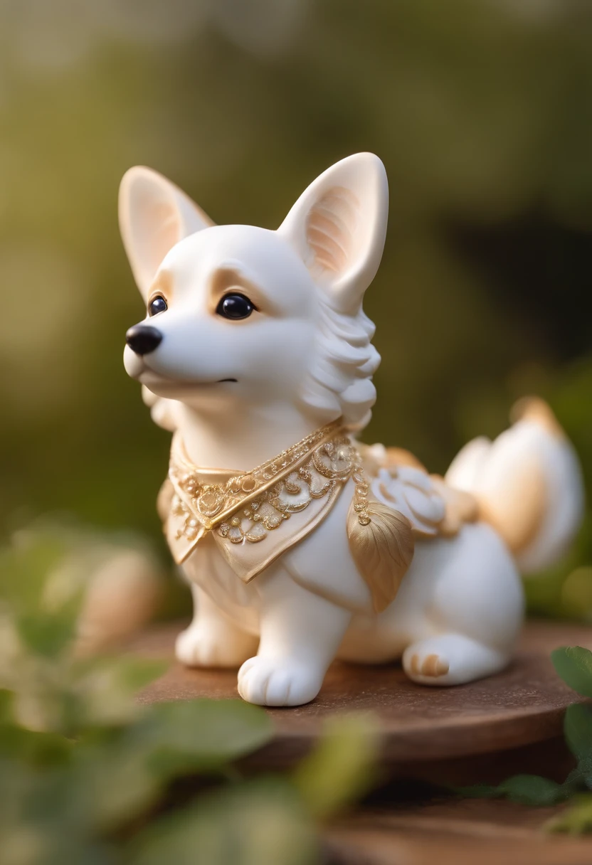 super cute corgi dog by pop mart, Bright eyes, cherub,Little white dress, Clay, Models, a blind box toy, Glossy and delicate,Clean background, Good gloss, 3D rendering of,Best quality