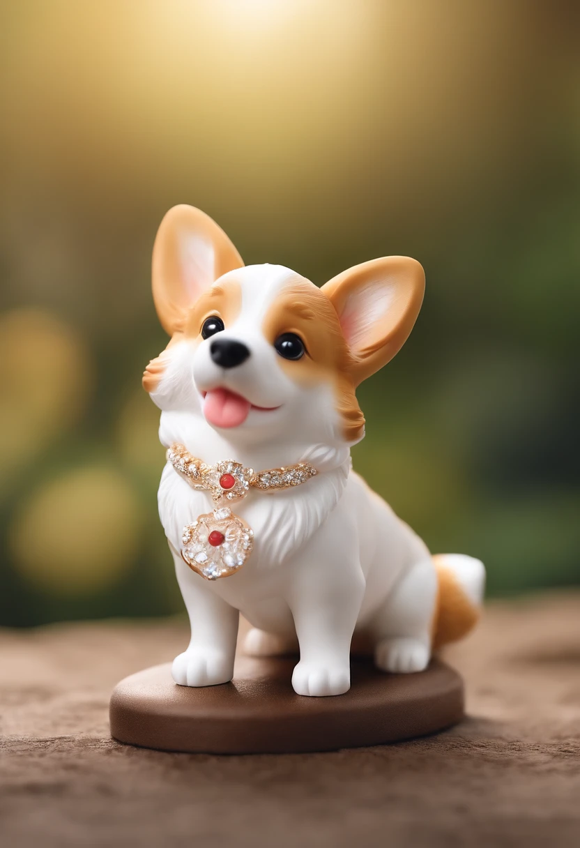 super cute corgi dog by pop mart, Bright eyes, cherub,Little white dress, Clay, Models, a blind box toy, Glossy and delicate,Clean background, Good gloss, 3D rendering of,Best quality