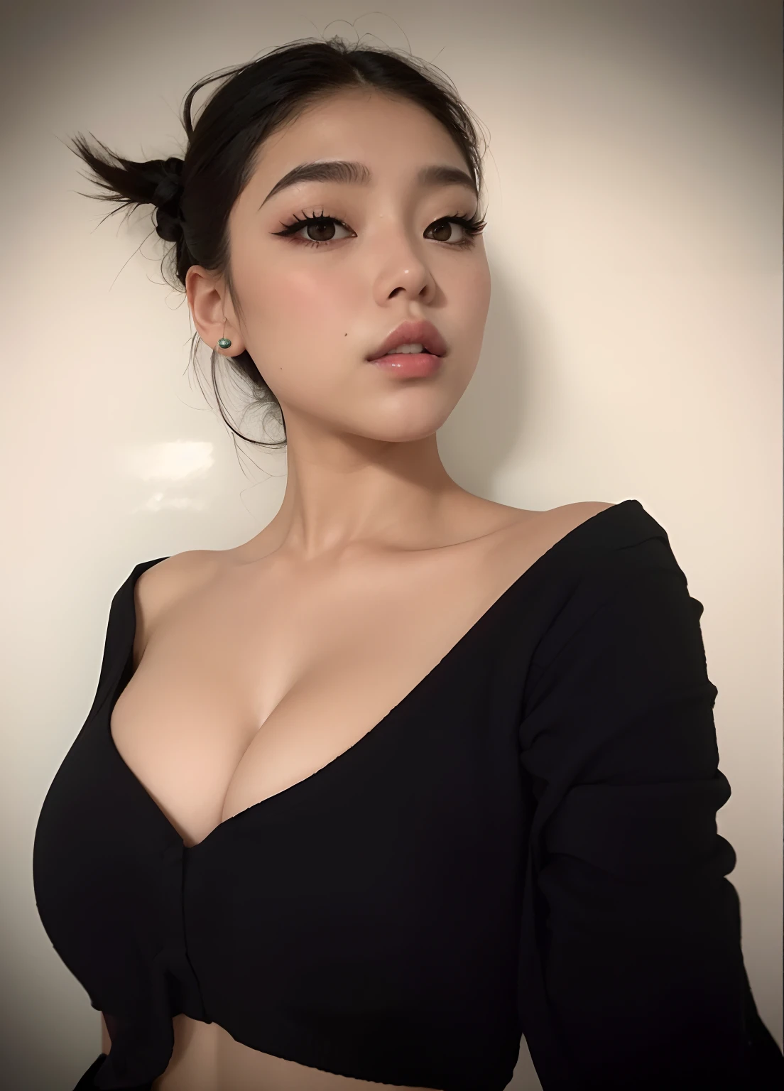 a close-up of a woman in a black blouse and a green bow, Asian girl, Beautiful Asian girl, small lips pointy nose, clivagem, 2 Modelo feminina de 4 anos, 18 anos, cruel korean goth girl, an Asian woman, rosto sexy com maquiagem completa, Asian woman, Asian face, com rabo-de-porco preto, attractive neck