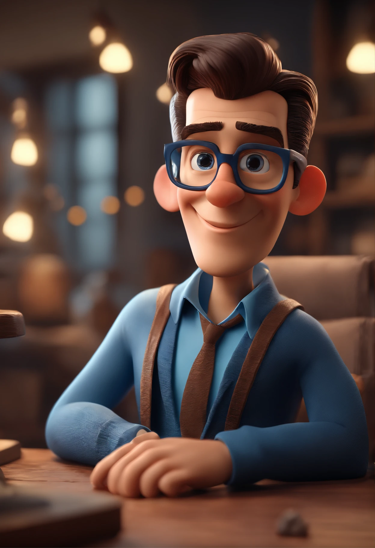 Cartoon character of a man with black glasses and a blue shirt, animation character, Caractere estilizado, animation style rendering, 3D estilizado, Arnold Maya render, 3 d render stylized, toon render keyshot, Personagem 3D, Personagem 3D, 3d rendering stylized, 3 d character render, personagem de desenho animado, Personagem de close up, Pose de personagem,  (Estilo Pixar) (master part:1.2) (Bokeh) (best quality) (pele detalhada) (textura detalhada) (8k) (argila) (Cinematic lighting) (foco nítido