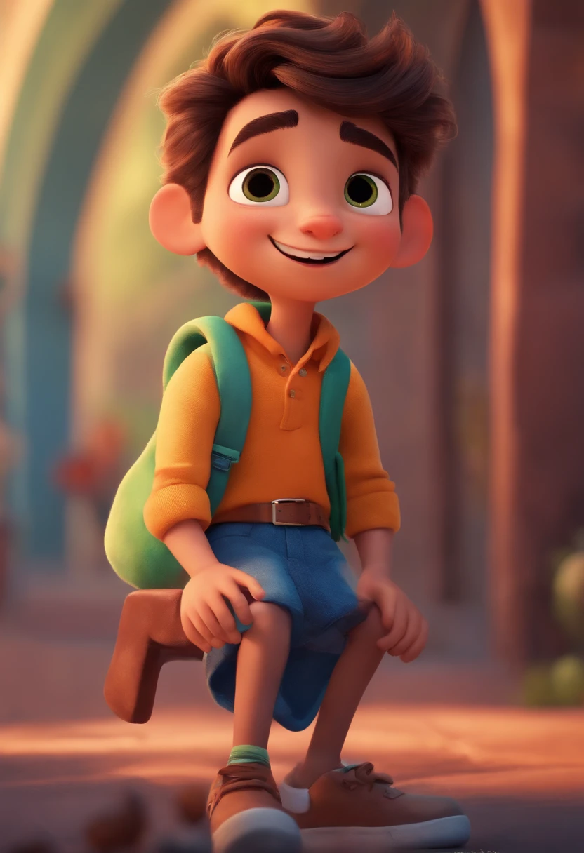 Image of a boy for a story in a YouTube video in Pixar format, He's the little allabester, He's the class leader, He's outgoing, Playful and gets up for a lot of things, cabelo curto