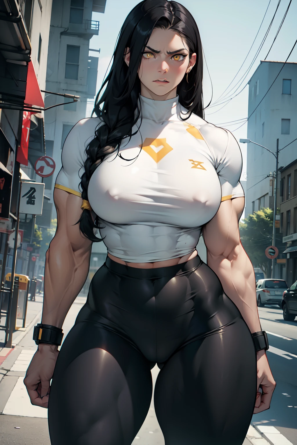 pale skin very long hair 1 girl black hair yellow eyes angry ((1 girl muscular toned body)) bodybuilder curvy wide hips thick thighs tight shirt huge tits