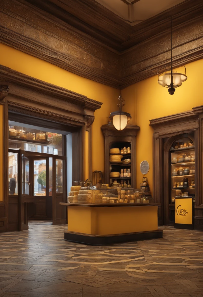 Pixar 3D style drawing of a store with the name AG COMÉRCIO DE AREIA E PEDRAS with yellow colors, e preta