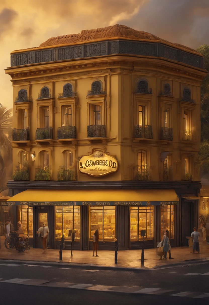 Pixar 3D style drawing of a store with the name AG COMÉRCIO DE AREIA E PEDRAS with yellow colors, e preta