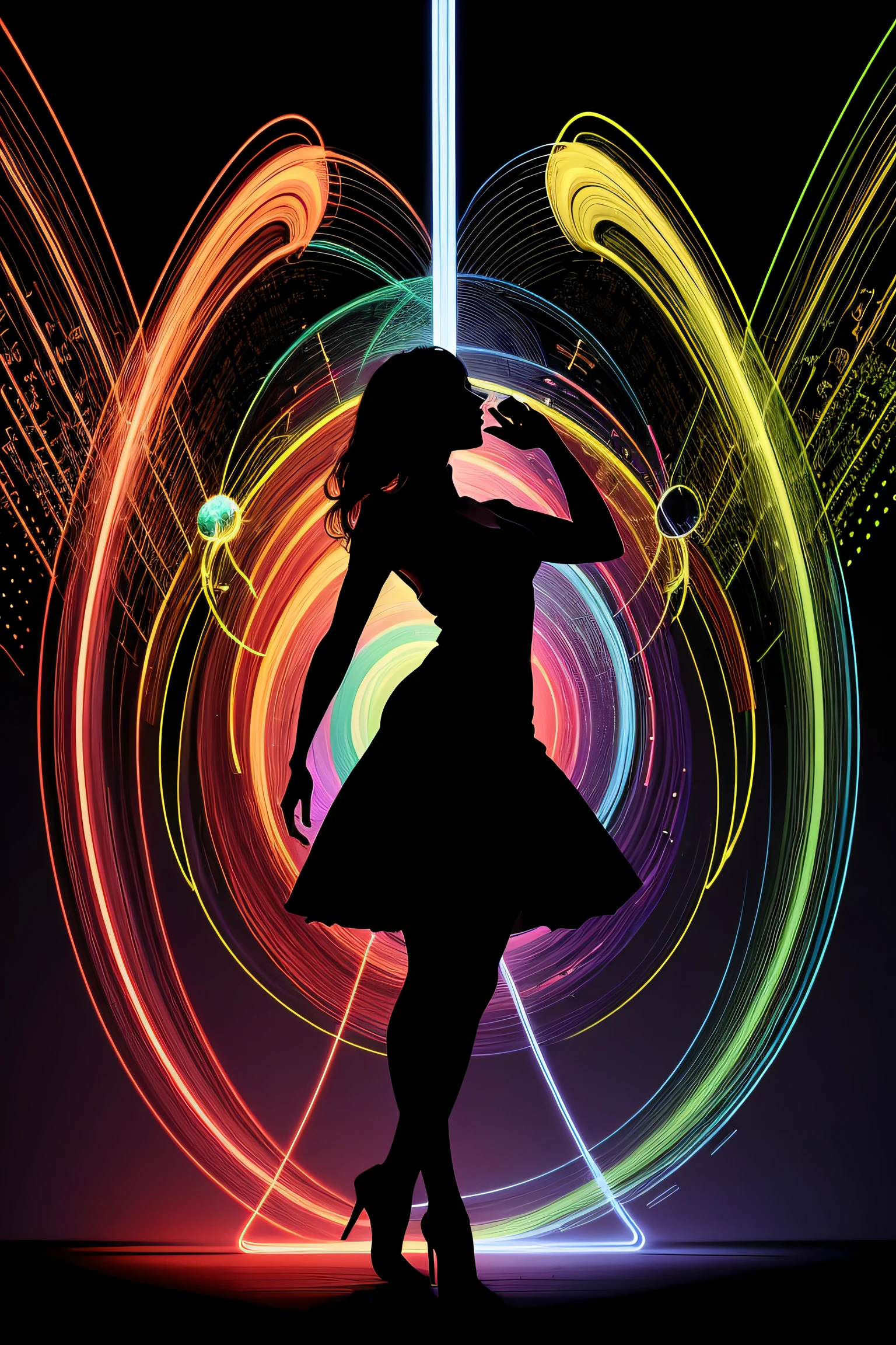 high quality, 8K Ultra HD, Imagine a vibrant canvas illuminated by a cascade of colorful binary code, forming the silhouette of a captivating woman, The dynamic lines and patterns, reminiscent of a digital dance, weave together to create a harmonious fusion of technology and art, The binary code, in hues ranging from electric blues to radiant reds and vivid greens, breathes life into the woman's form, Her silhouette emerges as a synthesis of the digital and the organic, a testament to the seamless integration of technology and beauty in your masterful creation, by yukisakura, high detailed,