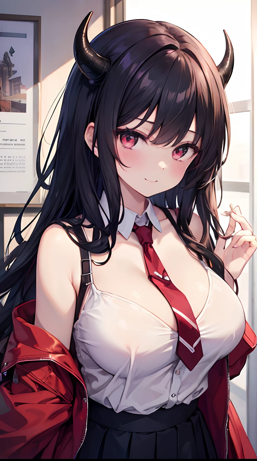 8K, top-quality, Real Image, intricate detailes, The ultra-detailliert, 超A high resolution, Depth Field,(Photorealsitic,realisitic:1.2),masterpiece, 0.25 :: a closeup , straight-on shot , , 1girl in, , an extremely beautiful 17-year-old girl, sharp eye,Demon Horns , ,Straight bangs,Disheveled black hair,scarlet eyes, perfect glossy skin, flawless skin, fair white skin, cleavage of the breast, , narrow waists, thin blush, 独奏, looking at the viewers, Archaic Smile, The Perfect Five Fingers, large boob、shirt、neck tie、pleatedskirt、student clothes、