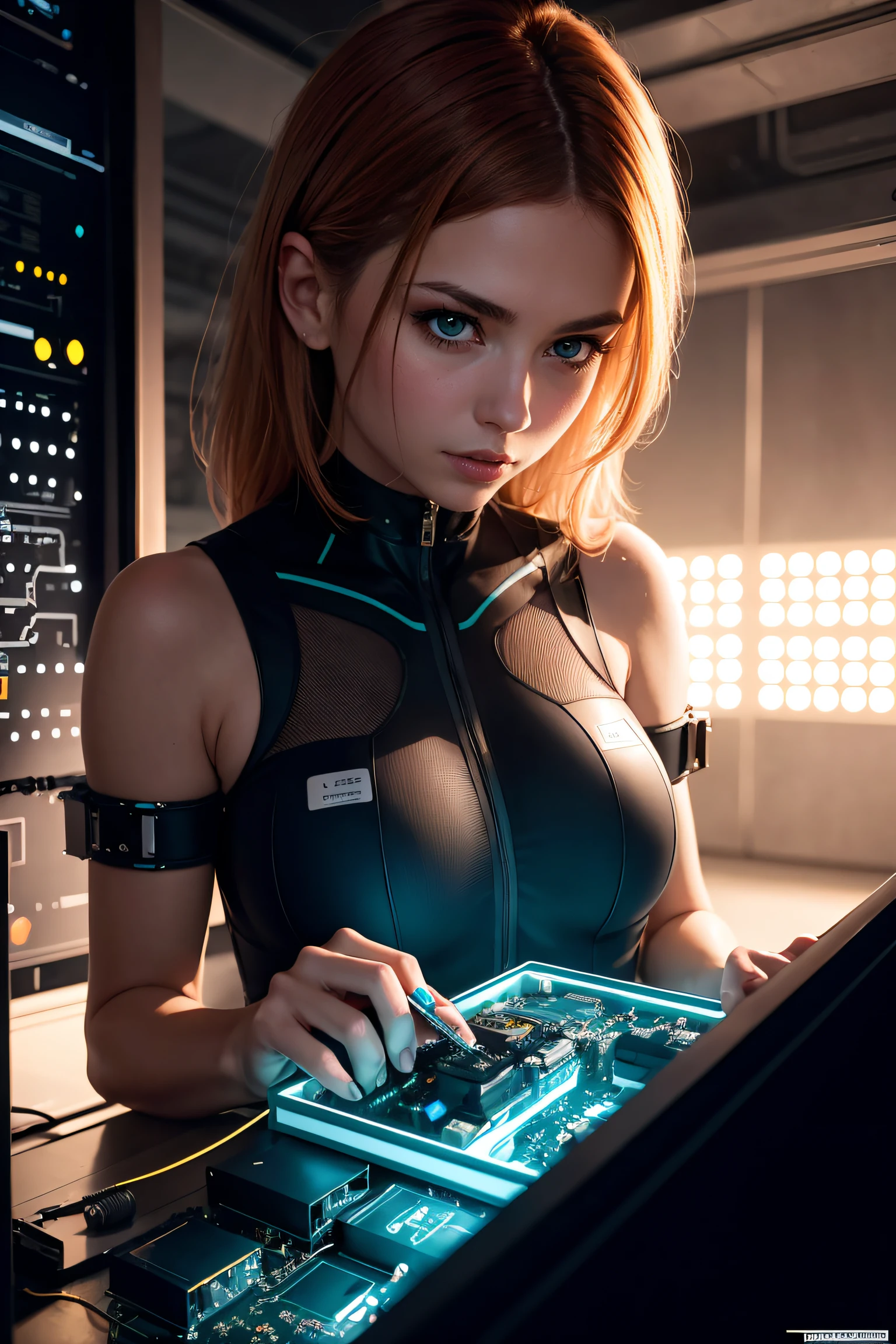 a Natalie Portman wearing intricate bodysuit sitting as a captivating figure amidst the computers and monitors. her physical appearance tells a story of tragic transformation and decay, evoking both fascination and a sense of unease. the teenage hacker girl's youthful countenance, her flesh, vibrant and alive, exposing patches muscle.