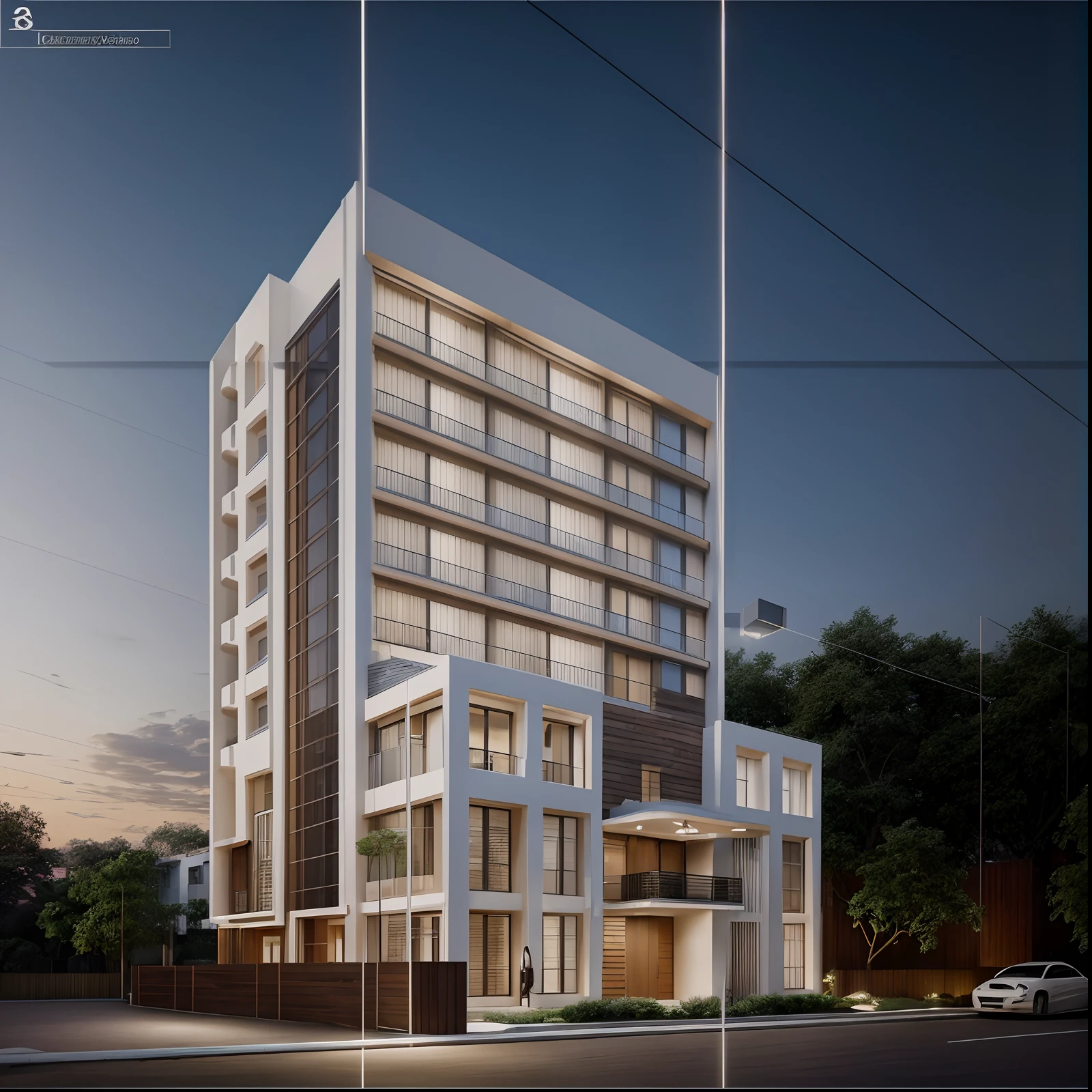 exterior, house, luxury, modern style, reflective material, (images include interior) (beautiful bundle), white wall paint, stone wall, wooden ceiling, in the city, crowded streets, many cars, many people, many trees, trees on the balcony, light board night, sky without clouds, 8k, image vray
