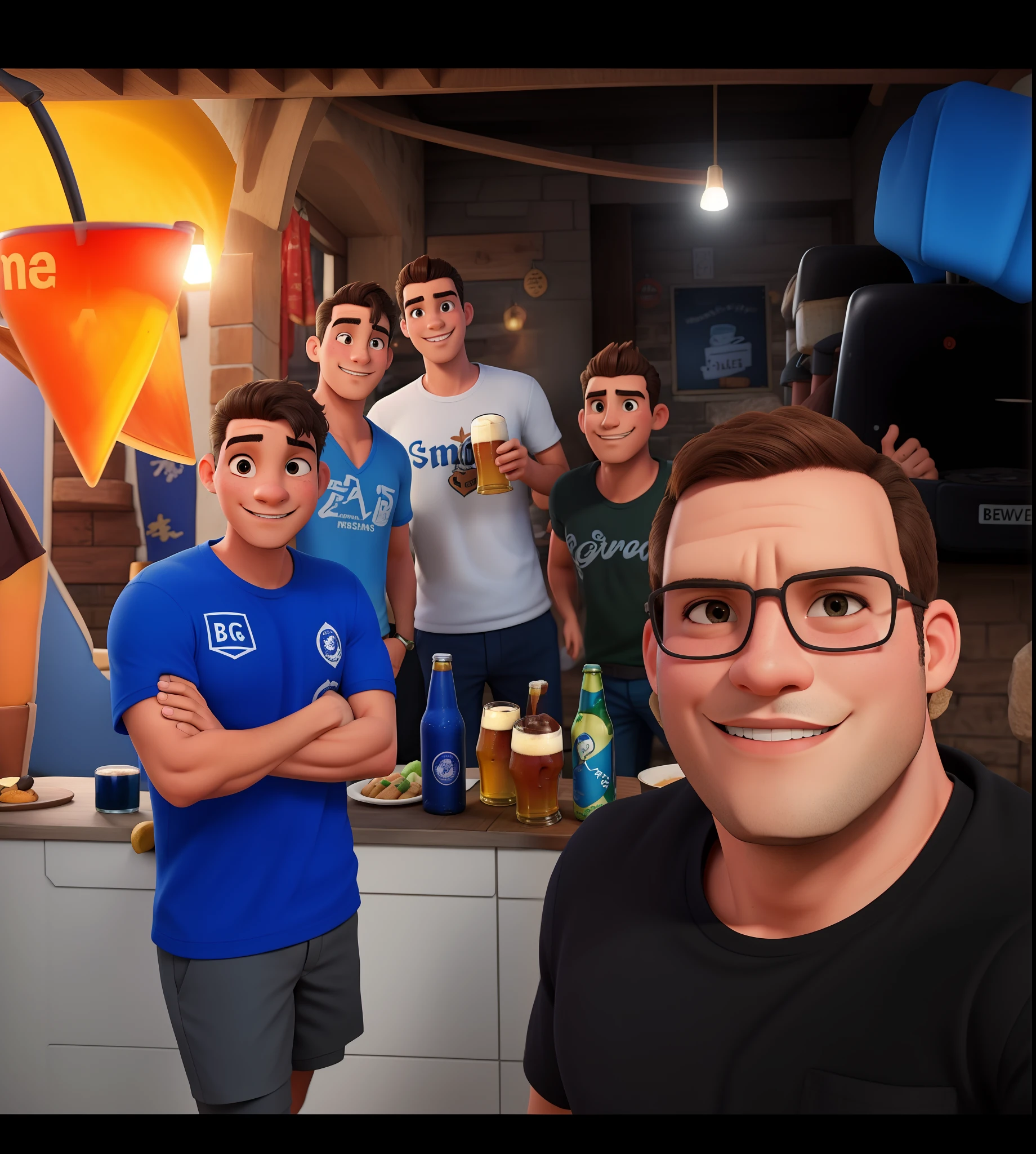 5 amigos masculinos comemorando e bebendo cerveja.