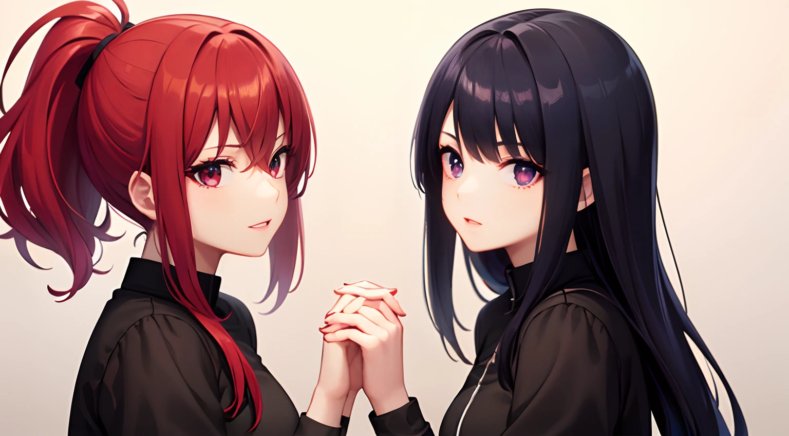 Two girls, one girl has red hair and red eyes, with bangs, the other has black hair and a ponytail. They are holding each others hands.
