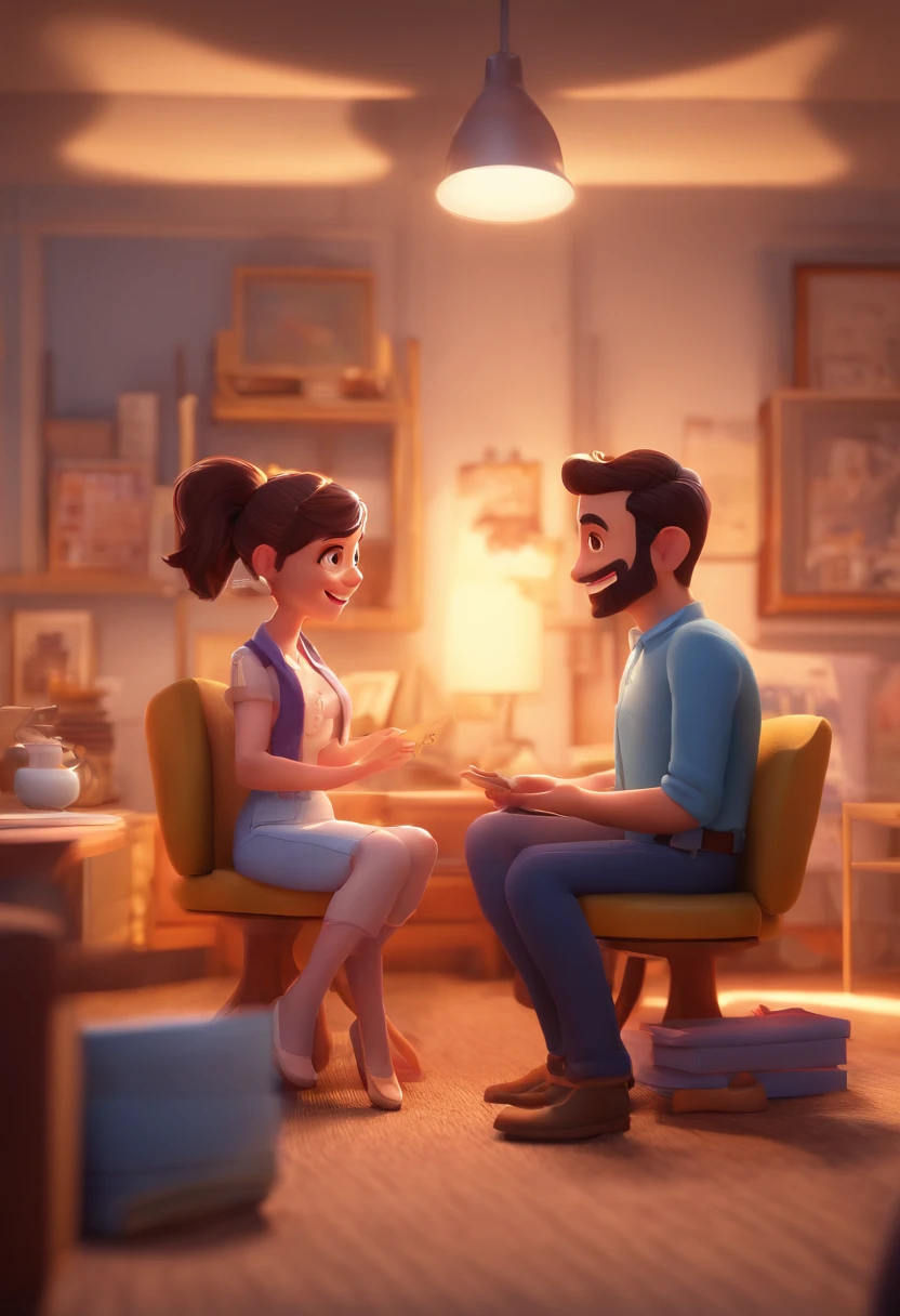 An illustration of an adorable couple, Spotlight on a brunette man with glasses, cabelos curto estilo militar , Very short smiling beard and a short brunette woman with beautiful expressive eyes - the man's skin is black and the man's hair has, while the woman's skin is light brown and the woman's hair long black straight They are a bright room, cada um com um sorriso no rosto, e compartilhar um momento especial caracterizado pelo amor, Insights. Illustrate this scene from a perspective where they are facing the camera, Smiling and Showing Your Connection. Desenvolva esta arte em Full HD, Focus on your cinematic touch, Estilo Disney Pixar Animations