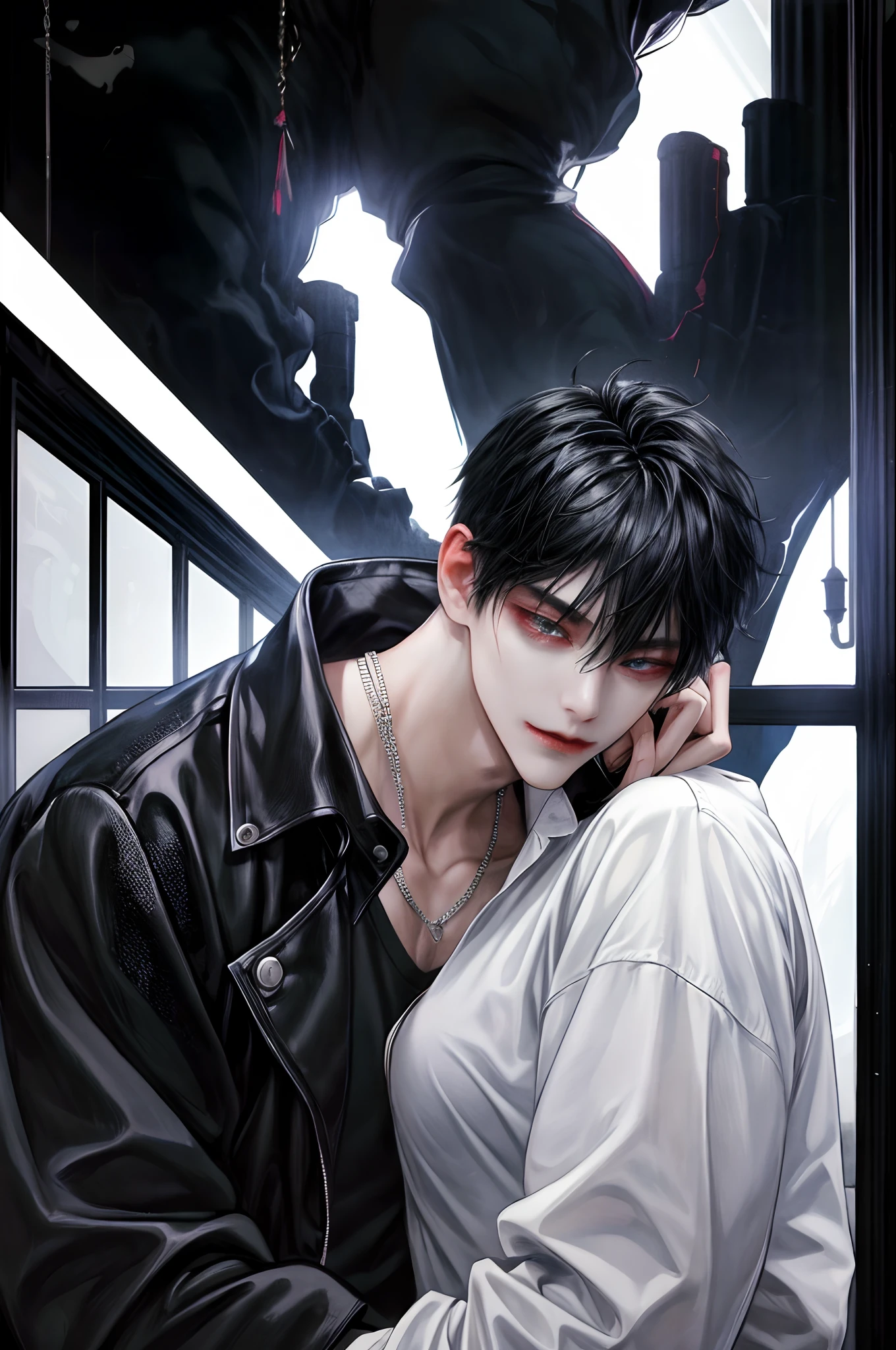 masterpiece, top-quality, 2Others, a couple, 1 man and 1,, Adults, Height difference, different fashion, different color, finely eye and detailed face, intricate detailes, Casual clothing, Oversized shirt, Modern urban streets, Hands on back, A smile, Happiness, tenderness, high-level image quality、 beautiful male、tall、hug from behind、Trying to kiss、window、nightfall、nighttime scene、𝓡𝓸𝓶𝓪𝓷𝓽𝓲𝓬、Korean Male, Idol Photos, k pop, Professional Photos, Vampires, Korean fashion in black and white, À la Fed Man with Necklace, inspired by Sim Sa-jeong, androgynous vampire, :9 detailed face: 8, extra detailed face, detailed punk hair, ((asa)) baggy eyes, Seductive. Highly detailed, semi realistic anime, Vampires, hyperrealistic teen, delicate androgynous prince, imvu, short hair above the ears, Two Men With Short Hair, A man with a serious expression Man with bright Black hair and other with black and gray hair