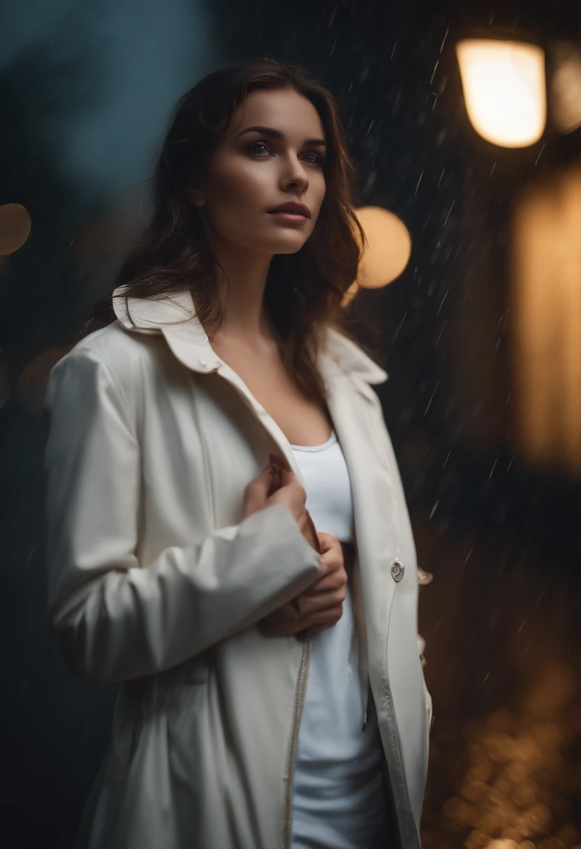 arafed woman in a white jacket standing in the rain, pretty girl standing in the rain, late night raining, raining portrait, rain!!!!, rainy night, in the rain, it is night and raining, rainy evening, portrait sophie mudd, 8k artgerm bokeh, raining, at evening during rain, by irakli nadar