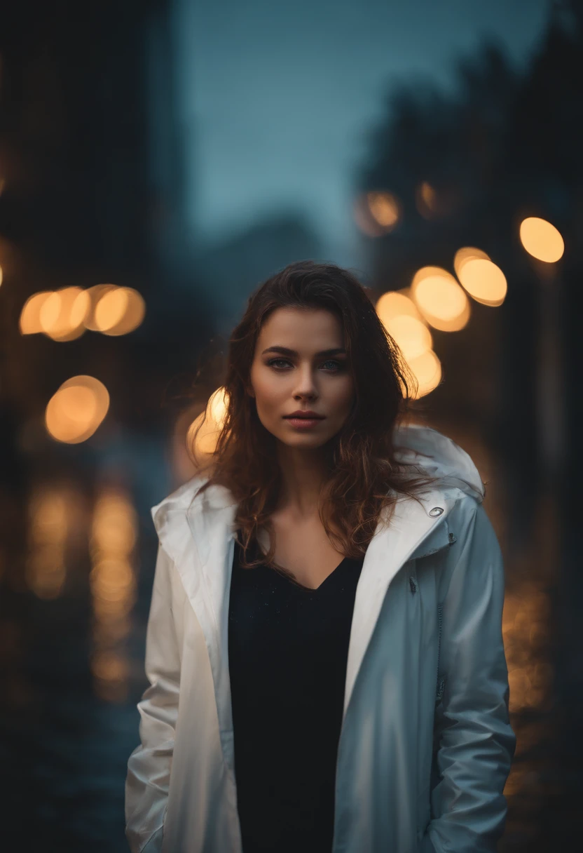 arafed woman in a white jacket standing in the rain, pretty girl standing in the rain, late night raining, raining portrait, rain!!!!, rainy night, in the rain, it is night and raining, rainy evening, portrait sophie mudd, 8k artgerm bokeh, raining, at evening during rain, by irakli nadar