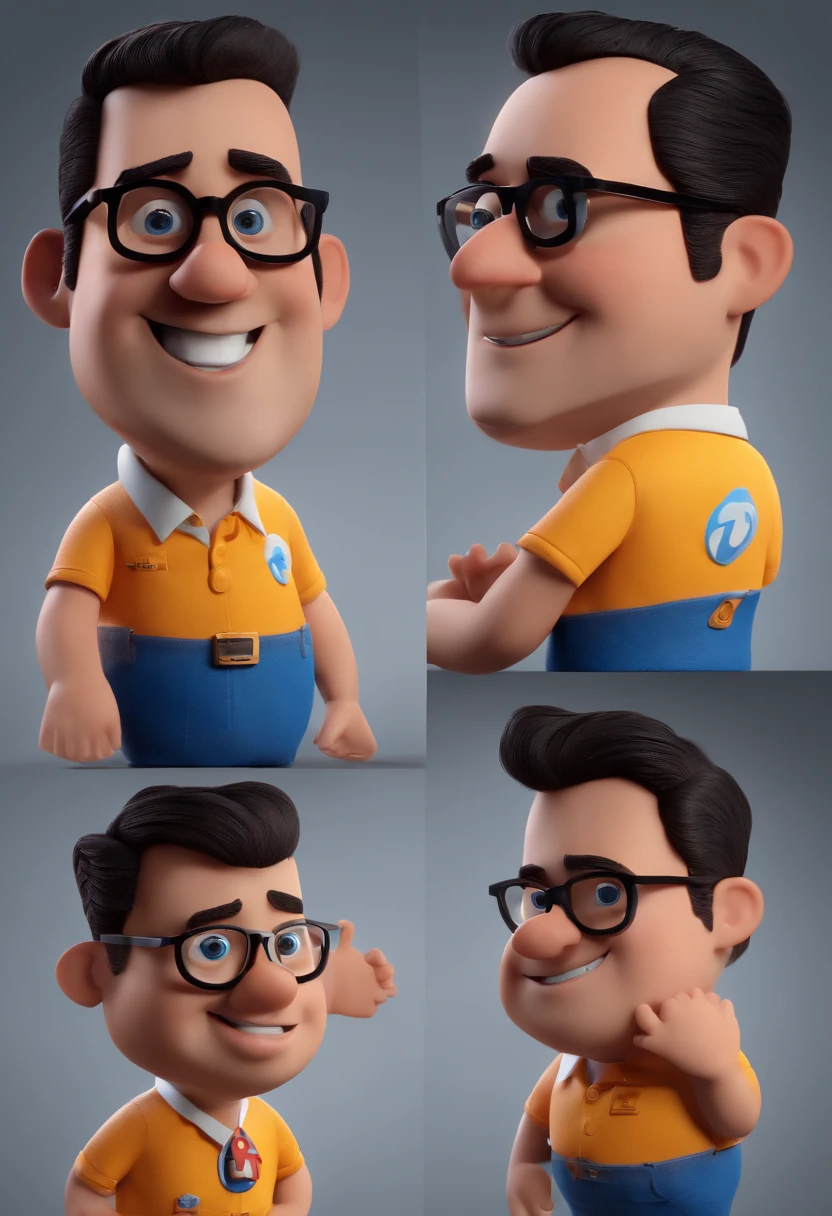 Cartoon character of a man with black glasses and a blue shirt, animation character, Caractere estilizado, animation style rendering, 3D estilizado, 3 d render stylized, toon render keyshot, Personagem 3D, Personagem 3D, 3d rendering stylized, 3 d character render, personagem de desenho animado, Personagem de close up, Pose de personagem, (Estilo Pixar) (master part:1.2) (Bokeh) (best quality) (pele detalhada) (textura detalhada) (8k) (argila) (Cinematic lighting) (foco nítido