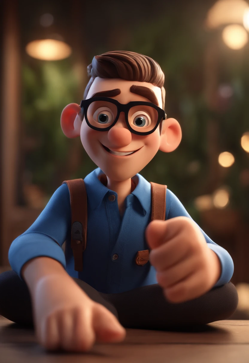 Cartoon character of a man with black glasses and a blue shirt, animation character, Caractere estilizado, animation style rendering, 3D estilizado, 3 d render stylized, toon render keyshot, Personagem 3D, Personagem 3D, 3d rendering stylized, 3 d character render, personagem de desenho animado, Personagem de close up, Pose de personagem,  (Estilo Pixar) (master part:1.2) (Bokeh) (best quality) (pele detalhada) (textura detalhada) (8k) (argila) (Cinematic lighting) (foco nítido