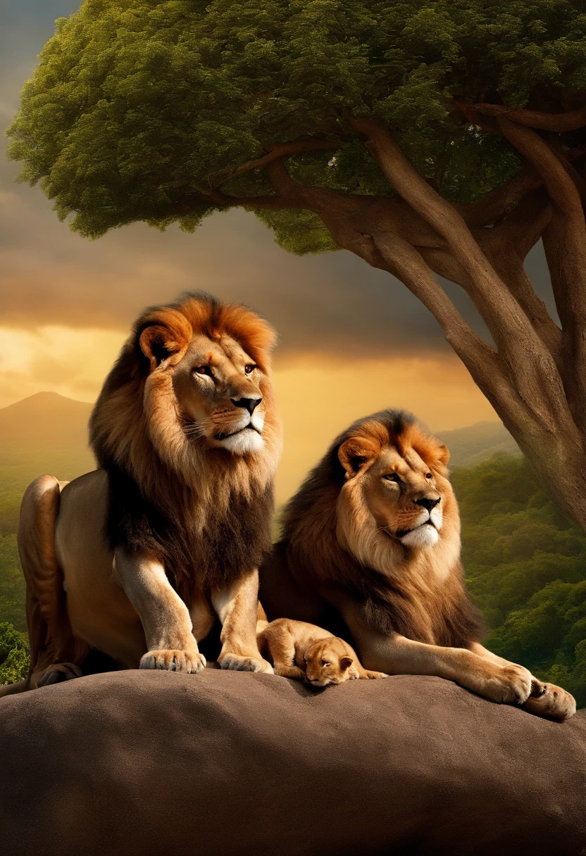 There are two lions sitting on a rock with three baby lions, lions, the lion king, family portrait, Happy family, trending ，, alta qualidade de imagem, beautiful high resolution, foto de uma bela, marido esposa e filho, Family photo, fotos de alta qualidade, awesome art, olhar orgulhoso, 4 mil'', Directed by: Alexandre Kucharsky, Directed by: Micha Klein