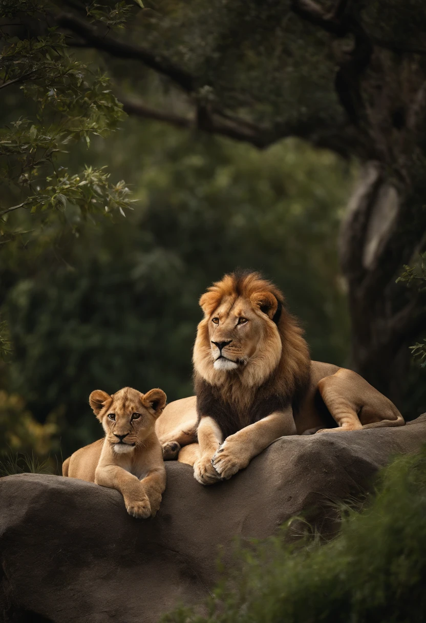 There are two lions sitting on a rock with three lions, lions, the lion king, family portrait, Happy family, trending ,, alta qualidade de imagem, beautiful high resolution, foto de uma bela, marido esposa e filho, Family photo, fotos de alta qualidade, awesome art, olhar orgulhoso, 4 mil'', Directed by: Alexandre Kucharsky, Directed by: Micha Klein