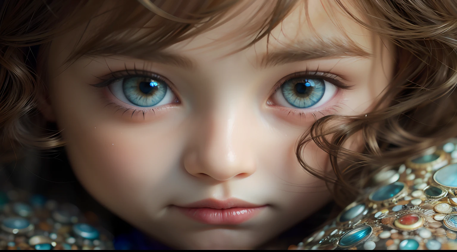 There's a close-up of a girl with blue eyes, Realista hermosos ojos grandes, Ojos grandes detallados, hermosos ojos enormes, Hermosos ojos grandes claros, Grandes ojos detallados, amazing eyes, Adorable pintura digital, Chica con ojos blancos, Dreamy eyes, hyperrealistic fantasy art, Fantastic detailed eyes, lindos ojos grandes, hermosos ojos abiertos, Arte digital ultrarrealista