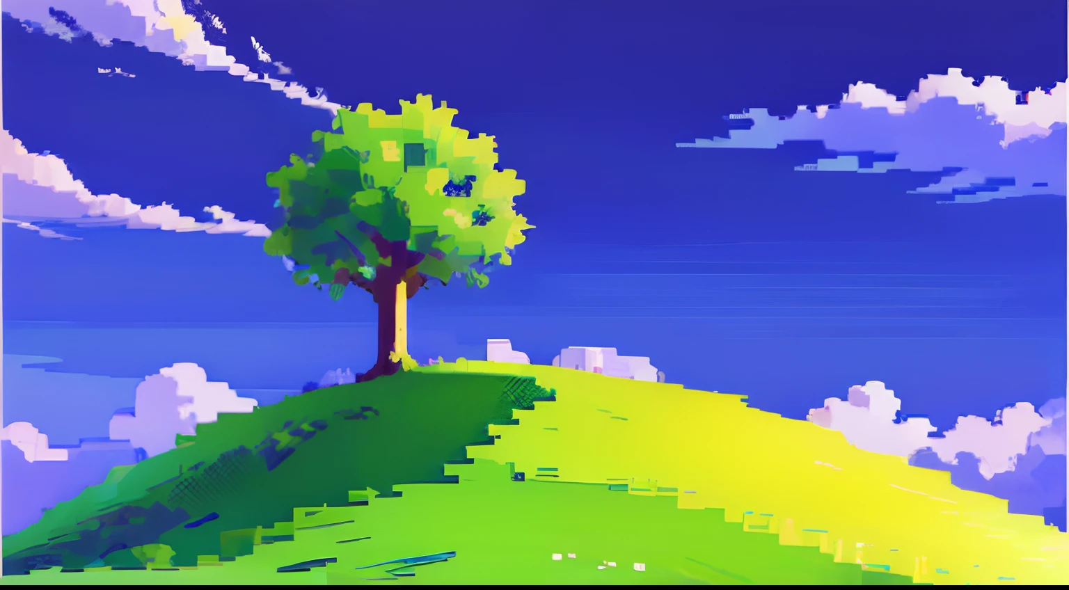 Green field with a lone tree and a blue sky, plano de fundo do windows xp, 2D, pixel art