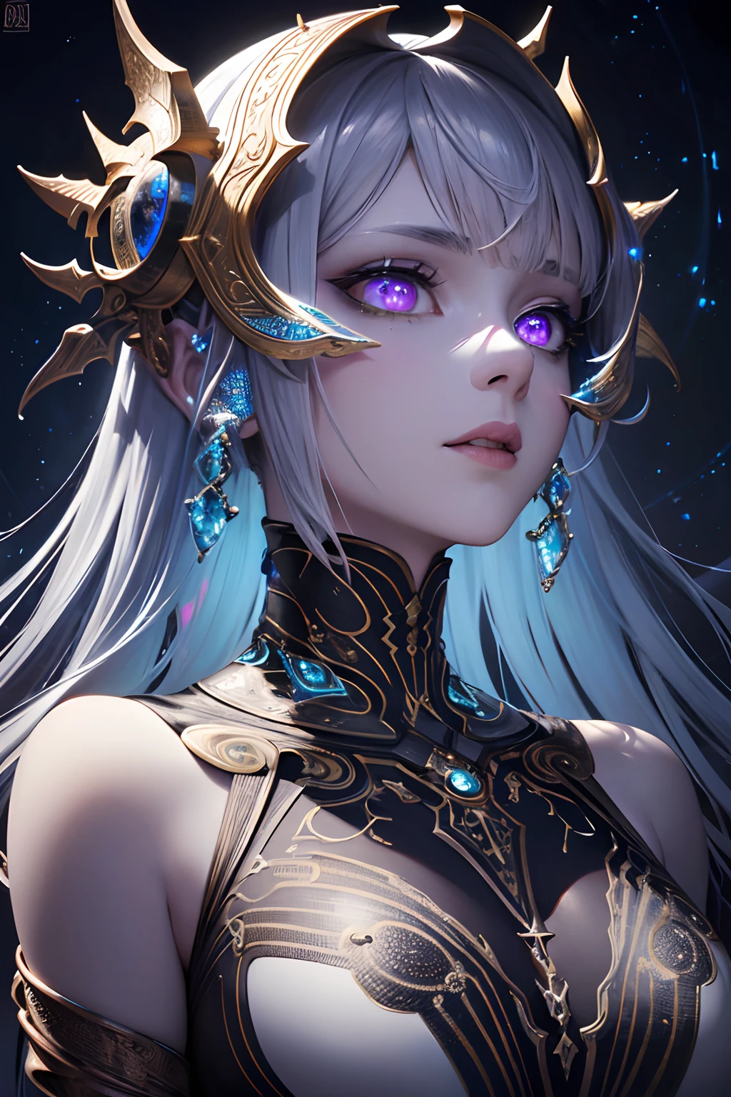 Abstract style hyper-realistic portrait of an otherworldly being with metallic skin, glowing orbs for eyes, and intricate fractal patterns emanating from their face . Non-representational, colors and shapes, expression of feelings, imaginative, highly detailed