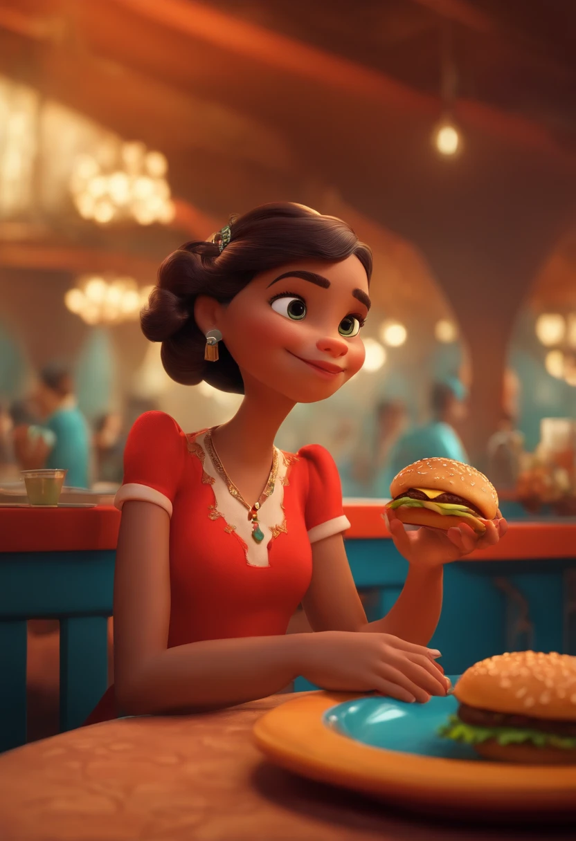 Make a Girl, She's hungry, como Disney Cartoon, She's eating hamburger, Pixar, um homem atras, homem olhando para ela ....3d, Disney