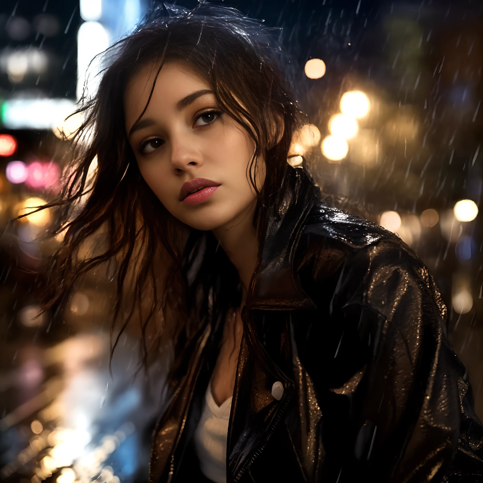 arafed woman in a white jacket standing in the rain, pretty girl standing in the rain, late night raining, raining portrait, rain!!!!, rainy night, in the rain, it is night and raining, rainy evening, portrait sophie mudd, 8k artgerm bokeh, raining, at evening during rain, by irakli nadar