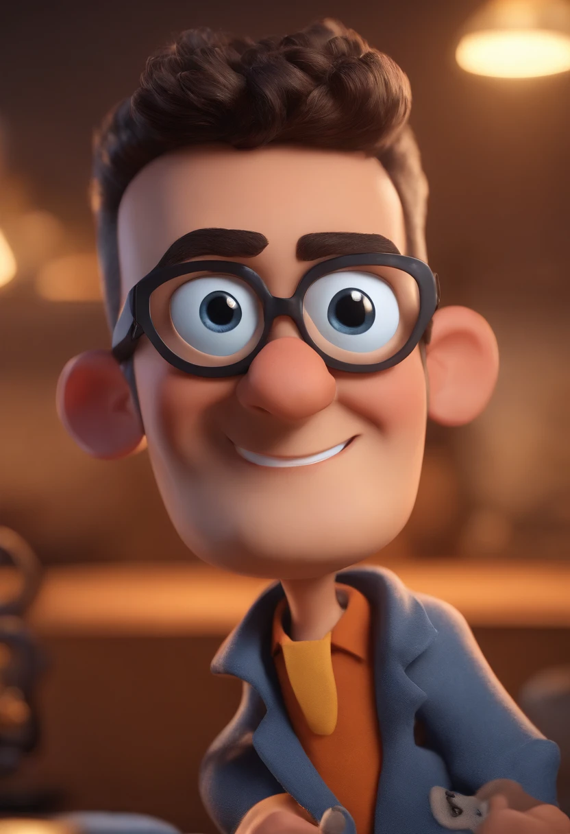 Cartoon character of a man with black glasses and a blue shirt, animation character, Caractere estilizado, animation style rendering, 3D estilizado, Arnold Maya render, 3 d render stylized, toon render keyshot, Personagem 3D, Personagem 3D, 3d rendering stylized, 3 d character render, personagem de desenho animado, Personagem de close up, Pose de personagem,  (Estilo Pixar) (master part:1.2) (Bokeh) (best quality) (pele detalhada) (textura detalhada) (8k) (argila) (Cinematic lighting) (foco nítido