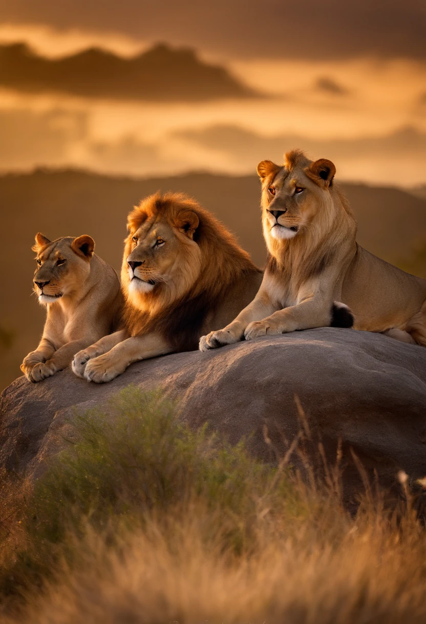 There are 4 Lions on top of a rock, todos juntos, It's a family