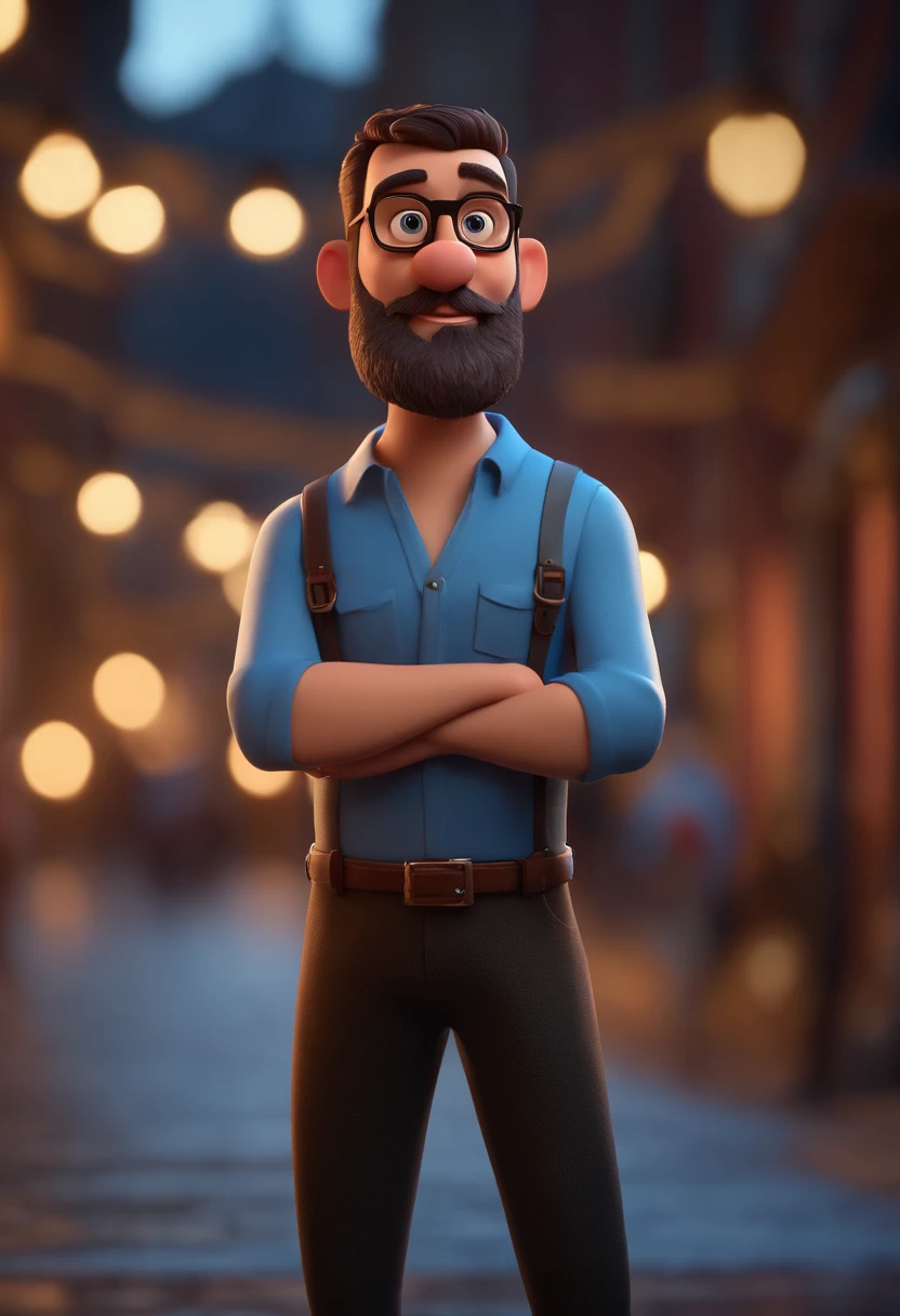 Cartoon character of a bearded man with black glasses and a blue cold shirt, animation character, Caractere estilizado, animation style rendering, 3D estilizado, 3 d render stylized, toon render keyshot, Personagem 3D, Personagem 3D, 3d rendering stylized, 3 d character render, personagem de desenho animado, Personagem de close up, Pose de personagem, (Estilo Pixar) (master part:1.2) (Bokeh) (best quality) (pele detalhada) (textura detalhada) (8k) (argila) (Cinematic lighting) (foco nítido