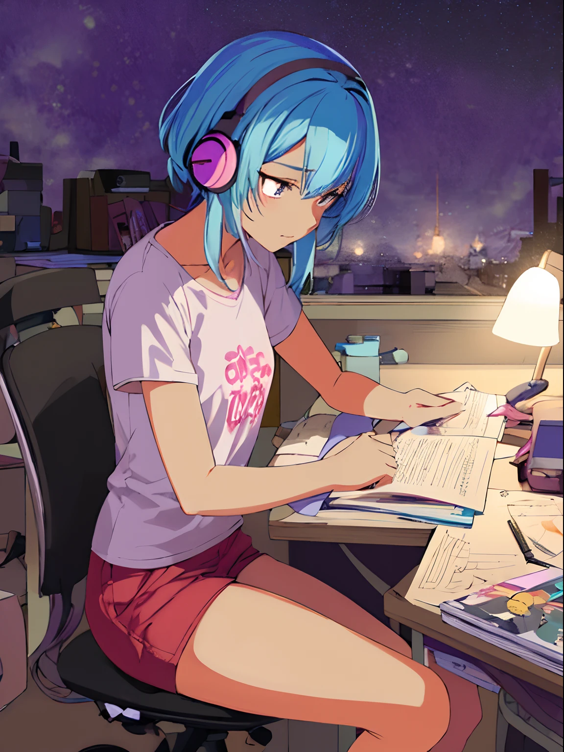 anime girl with blue hair and headphones sitting at a desk, digital anime illustration, busy night, inspired by Rei Kamoi, 8 0 s anime vibe, 2d art, 2 d art, official fanart, in the art style of 8 0 s , dynamic angle, desk light, pink t-shirt, tanned skin, night skies