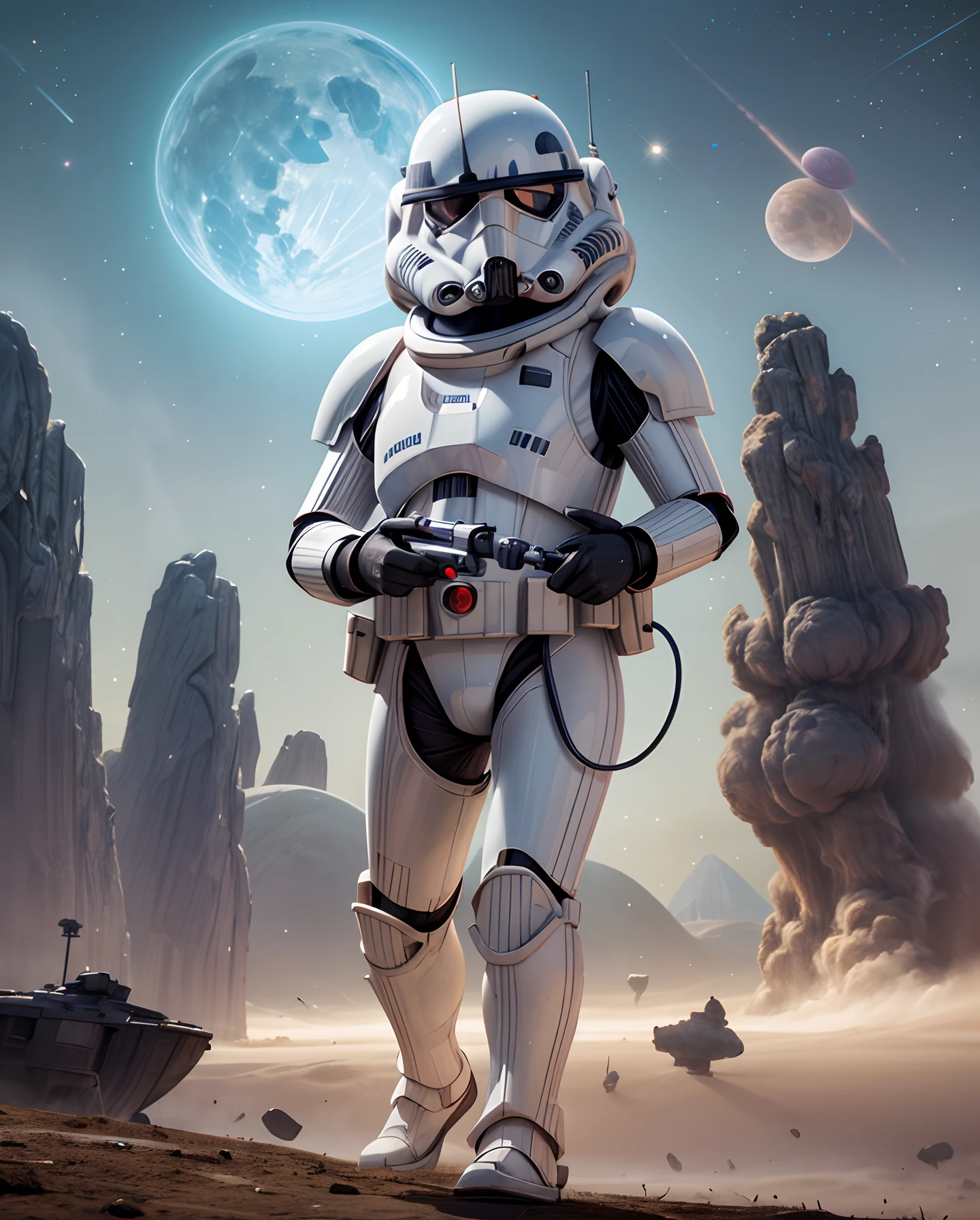 (best quality,highres:1.2),ultra-detailed,(realistic:1.37),portrait:1.1,Star Wars Stormtrooper,white armor,sharp focus,glistening helmet,precise details,menacing visage,battle-worn,heavy blaster rifle,imposing stature,eerie presence,galactic battle,ominous backdrop,dystopian ambiance,dramatic lighting,dark shadows,intense contrast,vivid colors,sci-fi genre-icon,set in the vastness of space,empire,imperial symbol,interstellar war,alien planets,deep space exploration,starships,otherworldly technology,intergalactic adventure,courageous rebels,determined heroes,epic battle scenes,hidden hope amidst chaos,iconic franchise,legendary saga,mythical realm,pop culture phenomenon, galaxy background,