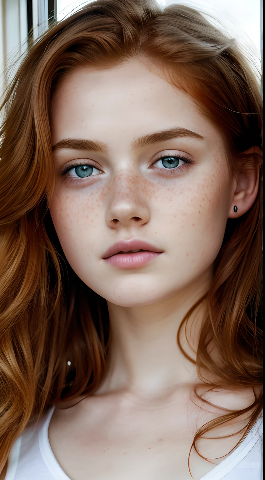 1girl in, ***19, Solo, Aesthetic artwork, irish  redhead, wavy ginger hair, shoulder length ginger hair, gray eyes, light grey eyes, some small freckles, pale skin, A-cup, small breasts, runners body, fullbody shot, (textured skin, skin pores:1.1), (moles:0.8), imperfect skin, goosebumps, in a kitchen staring out a window, coffee, (sad:1.3), crying, depressed expression, pouting, closeup, (extremely detailed 8k wallpaper), soft lighting, high quality, film grain, Fujifilm XT3 sharp focus, f 5.6, 50mm, High Detail, Sharp focus,(natural light), (seductive), thin blue t-shirt, Realistic, ultra realistic, photo realistic, crazy details, complex details, hyper detailed,