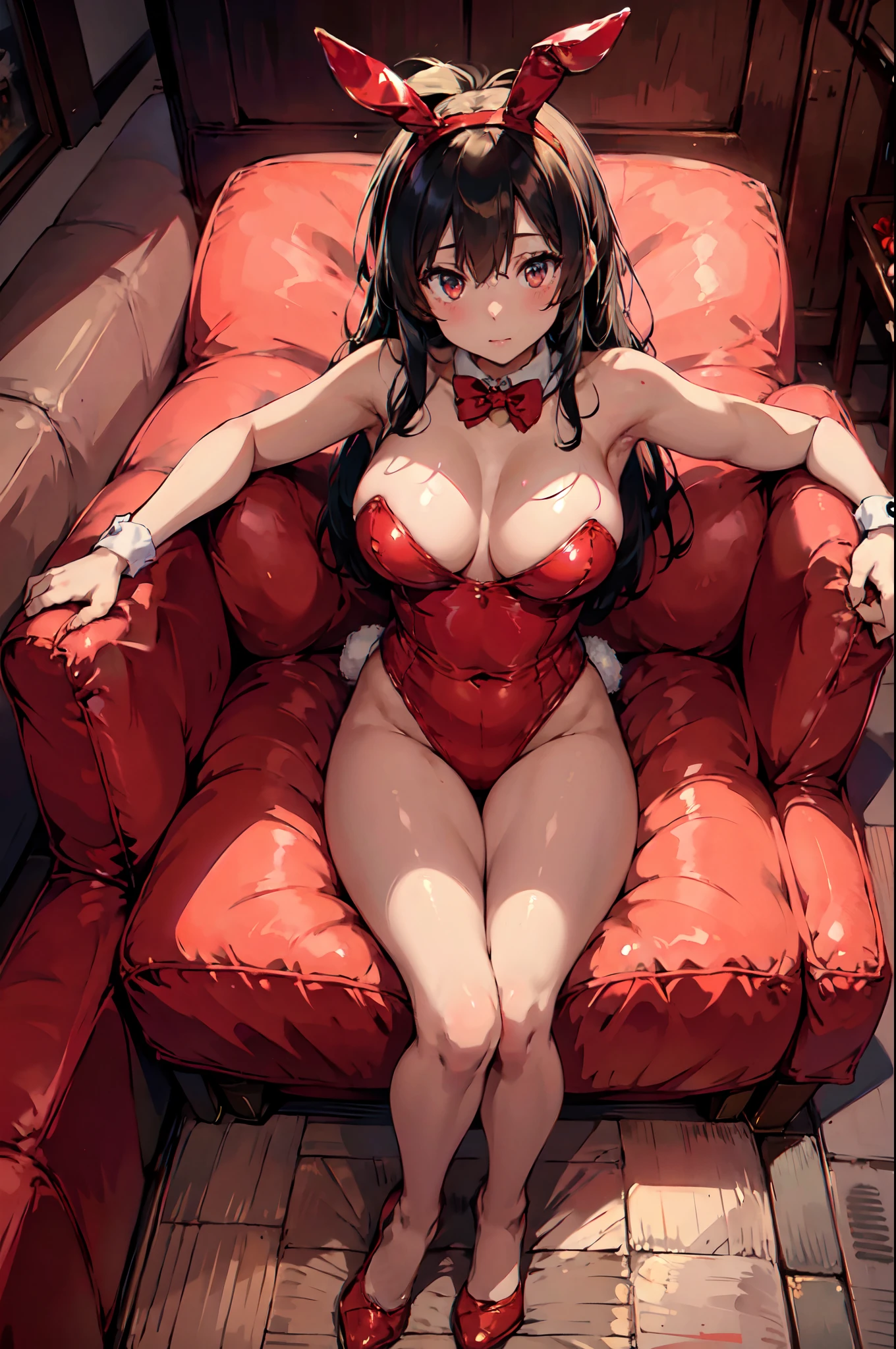 a woman in a strip club, strip club lights,(wearing bunny outfit:1.3),red outfit,
good hand,4k, high-res, masterpiece, best quality, head:1.3,((Hasselblad photography)), finely detailed skin, sharp focus, (cinematic lighting), soft lighting, dynamic angle, [:(detailed face:1.2):0.2], medium breasts,(((sitting on a couch))),