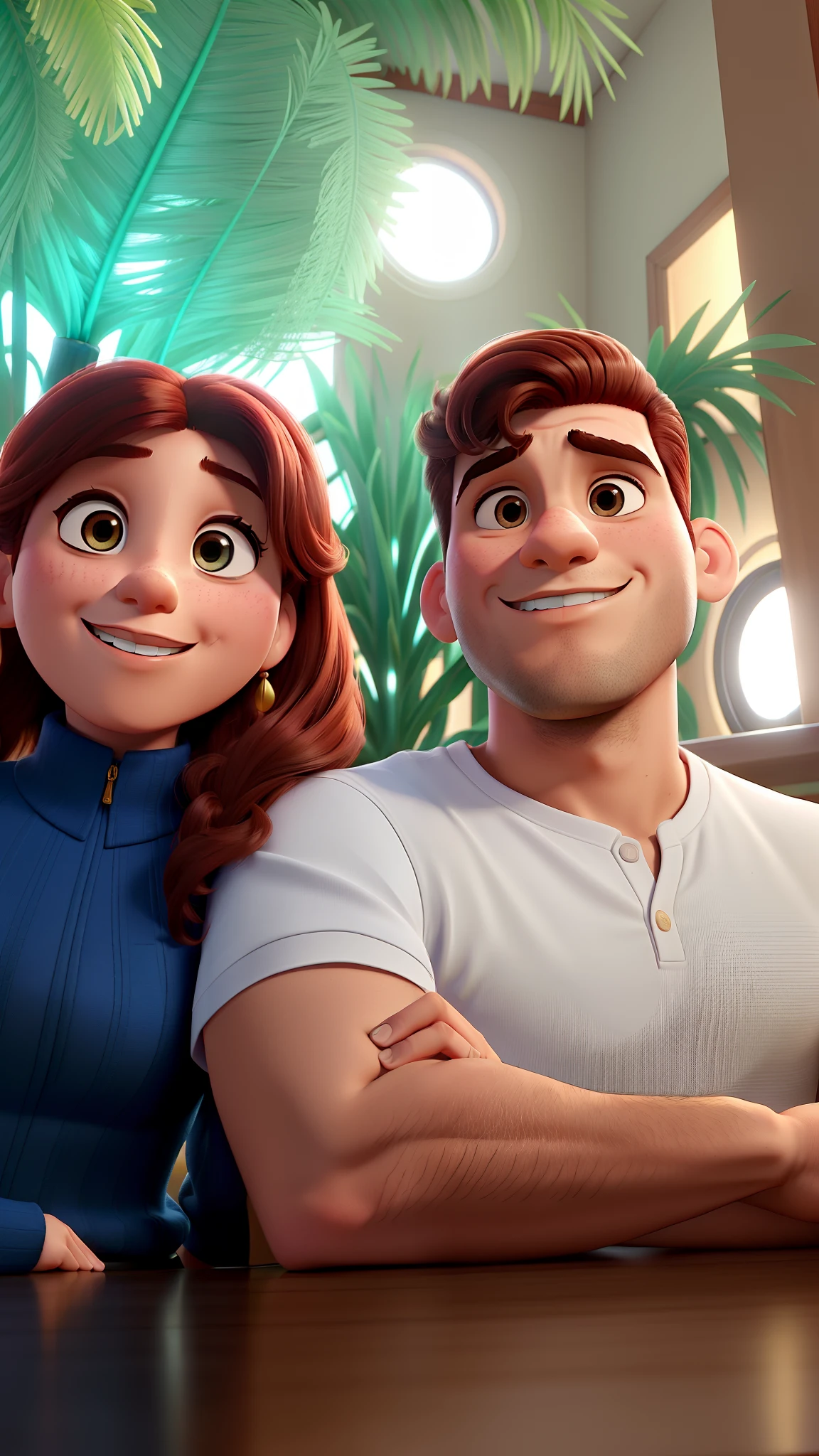 Casal (homem moreno e mulher branca com cabelo cacheado) no estilo Disney Pixar, alta qualidade, melhor qualidade.