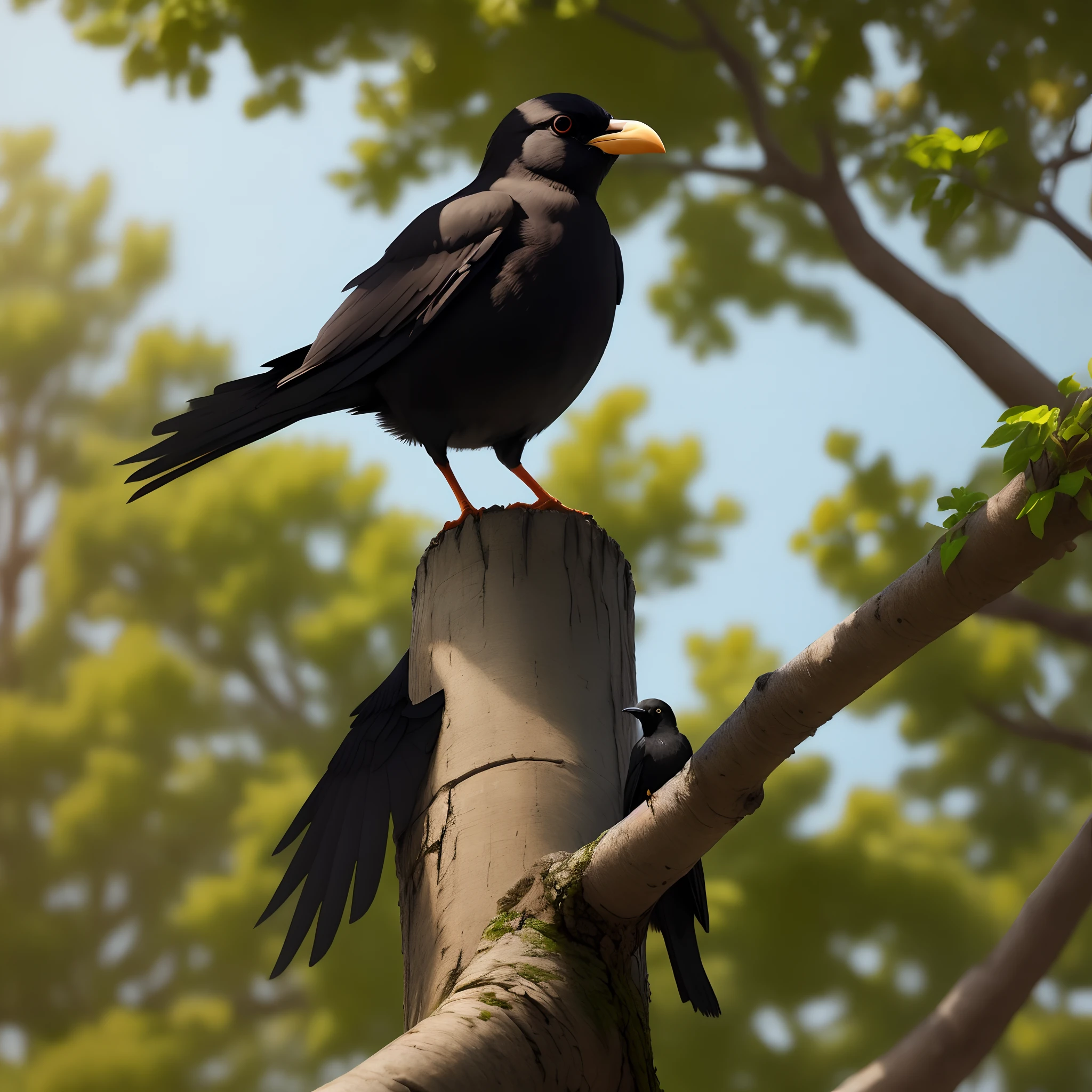 a black bird in front of a tree 2d simplistic