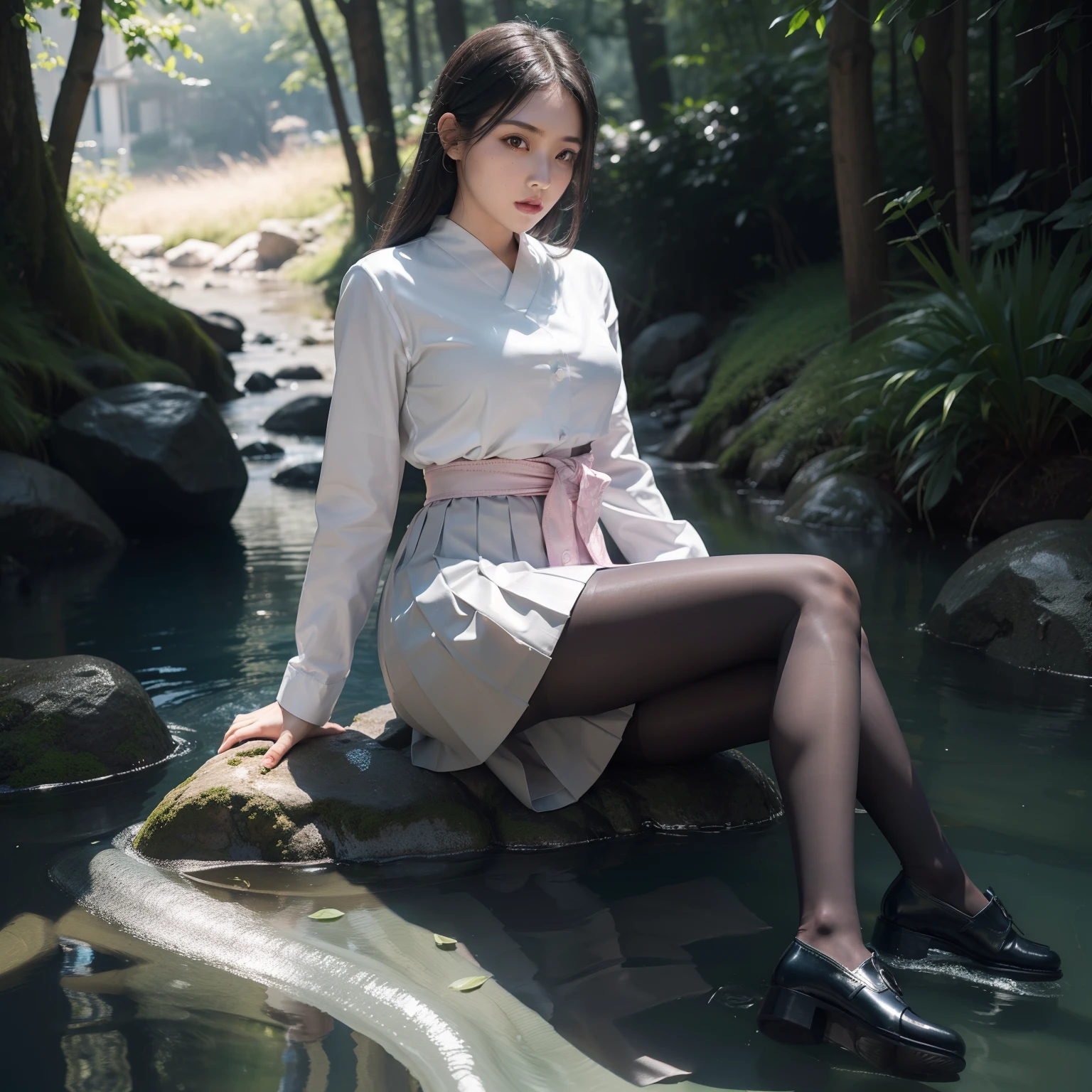 (Full body:2),(1girl in:1.3),(view the viewer:1.4),(anatomy correct:1.45),(Sitting by the creek,:1.35),(Reflective Carbon Fiber Pantyhose:1.4),(Mature Sensual Woman Wearing Printed Fantasy Nurse Suit JK Student Uniform Pleated Skirt and Polished JK Uniform Leather Shoes :1.35),(Woman with big buttocks, breasts, and a thin waist:1.4), (Light particle effect:1.3),(in pink | amarelo | Blue color| in green |Red color | white colors| Color is black| purpleish color| greys| Beige| Skin color 1.4),(Glowing eyes:1.3),(Large amplitude action: 1.3),(Accurate and perfect face:1.4),hyper HD, Ray traching, reflective light,Structurally correct, awardwinning, high detailing, Lighten the shade contrast, Face lighting ,cinmatic lighting, masutepiece, super detailing, High quality, high detailing, Best Quality, 16 K,High contrast,