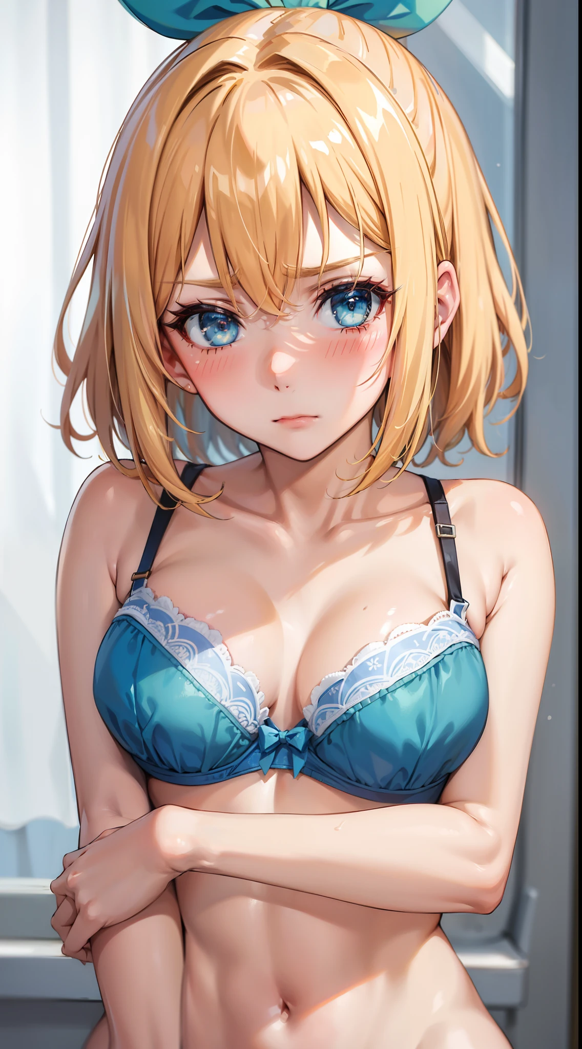 best quality, (masterpiece:1.2), detailed, medieval,
Rumia Tingel, 20 years old,
1girl, solo, blush,
medium hair, blonde hair, short ponytail, blue eyes, green bow, x hair ornament,
(((blue bra, nsfw))), blue eyes, ultra-detailed eyes,
standing, looking at the viewer, ((disgust,  disdain,  blush, close up)), ((upper body, close-up)), confronting viewer, medium breasts,  medium hair, perfect anatomy.