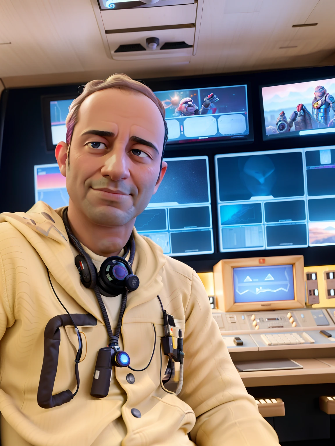 Arafed man sitting in front of a control panel with multiple monitors, Greg Rutkowski UHD 8K, 8 k post production, 8k post production, 8 k post - production, 8K post-production, taken in the early 2020s, Anton Fadeev 8 K, View from a news truck, tv production